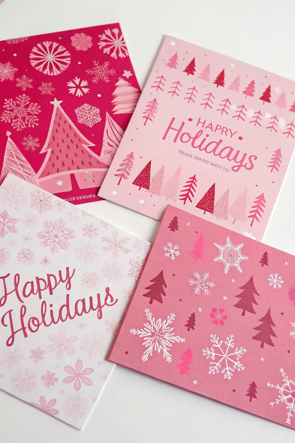 Pink holiday cards spreading joy and affection.
