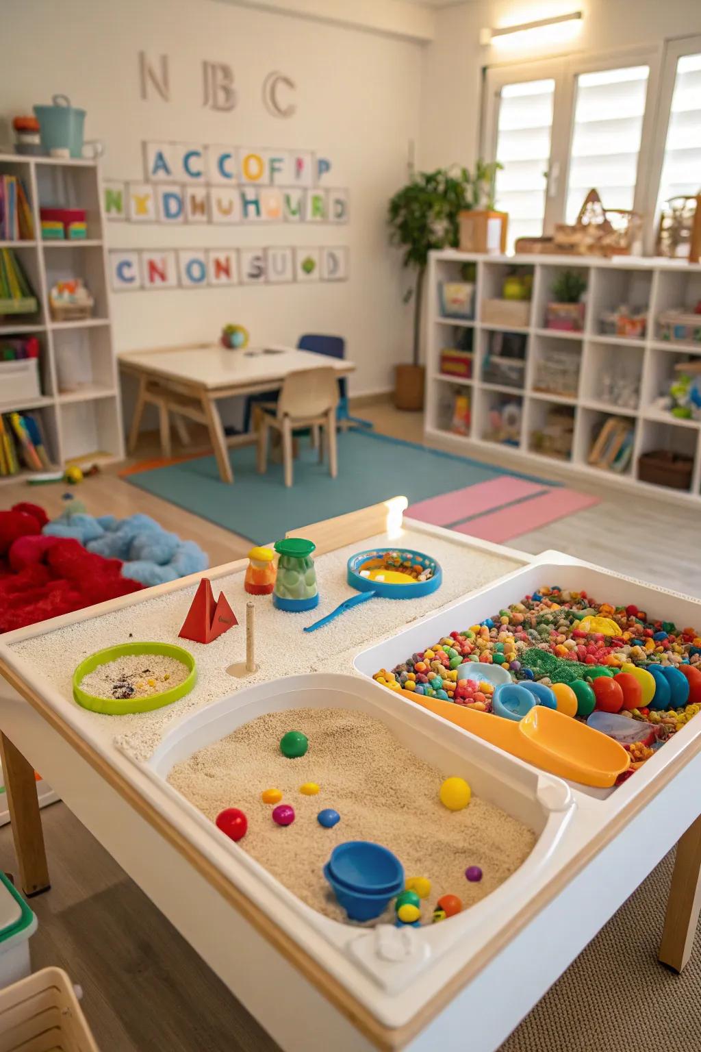 A sensory station in a playroom, tempting tactile exploration and play.