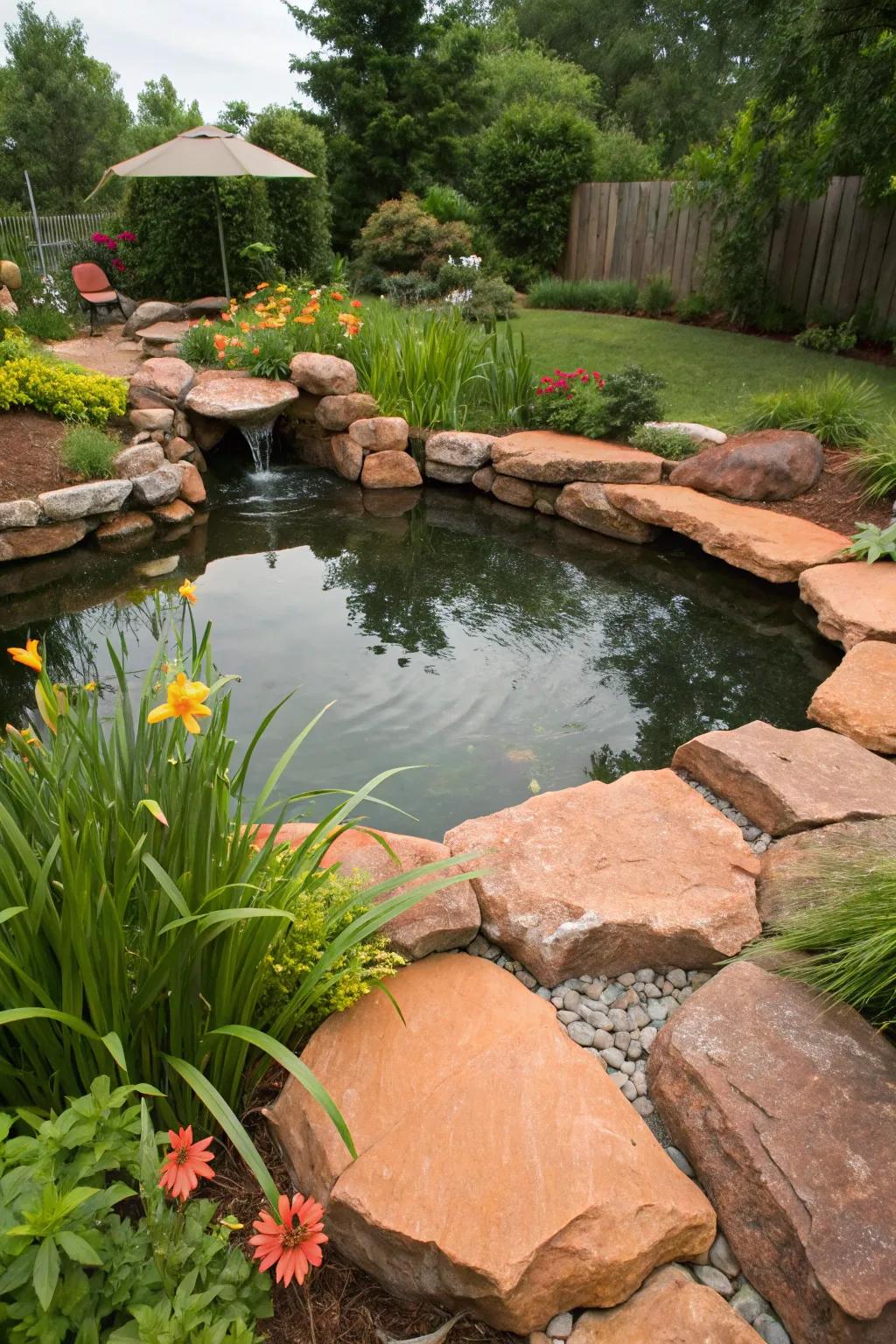 Earthenware-colored stones highlight a backyard pond.