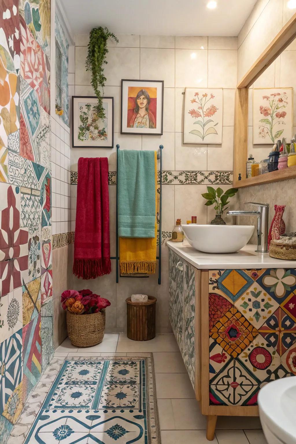 An eclectic mix of tile styles creates a dynamic and personalized bathroom space.