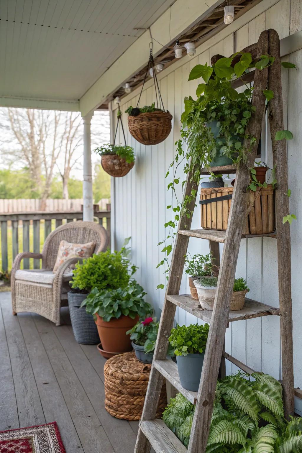 Upcycled decor adds charm and creativity to the porch.