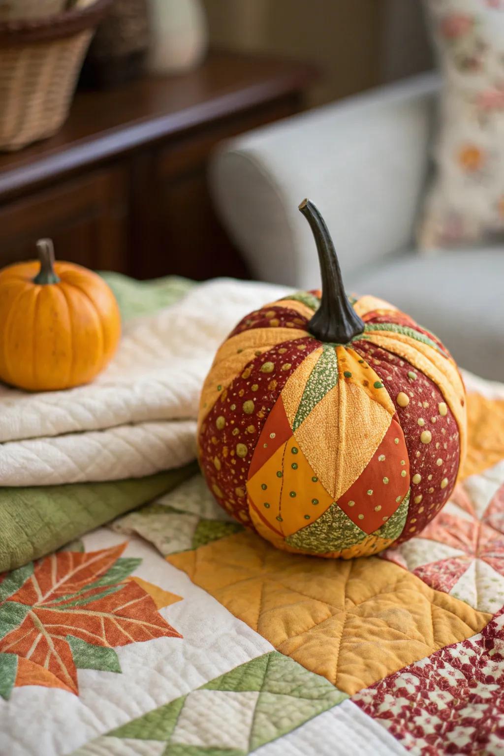 Patchwork pumpkins evoke the warmth of a handcrafted quilt.