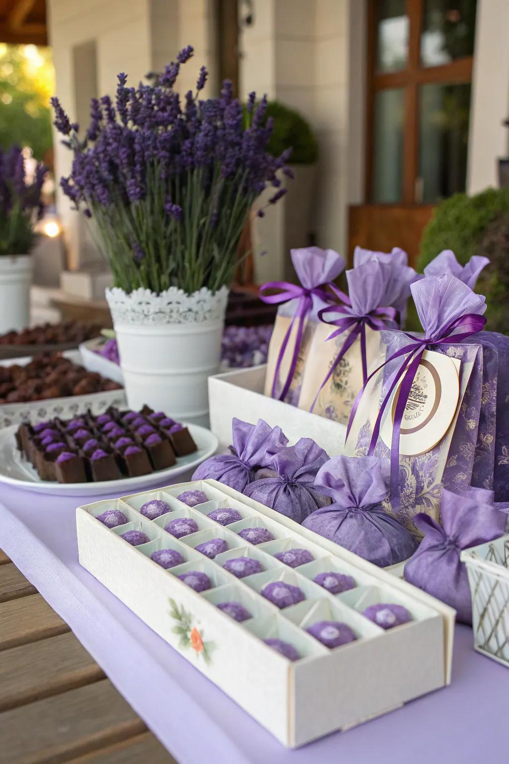 Violet-themed wedding presents offer a delightful parting gift for guests.