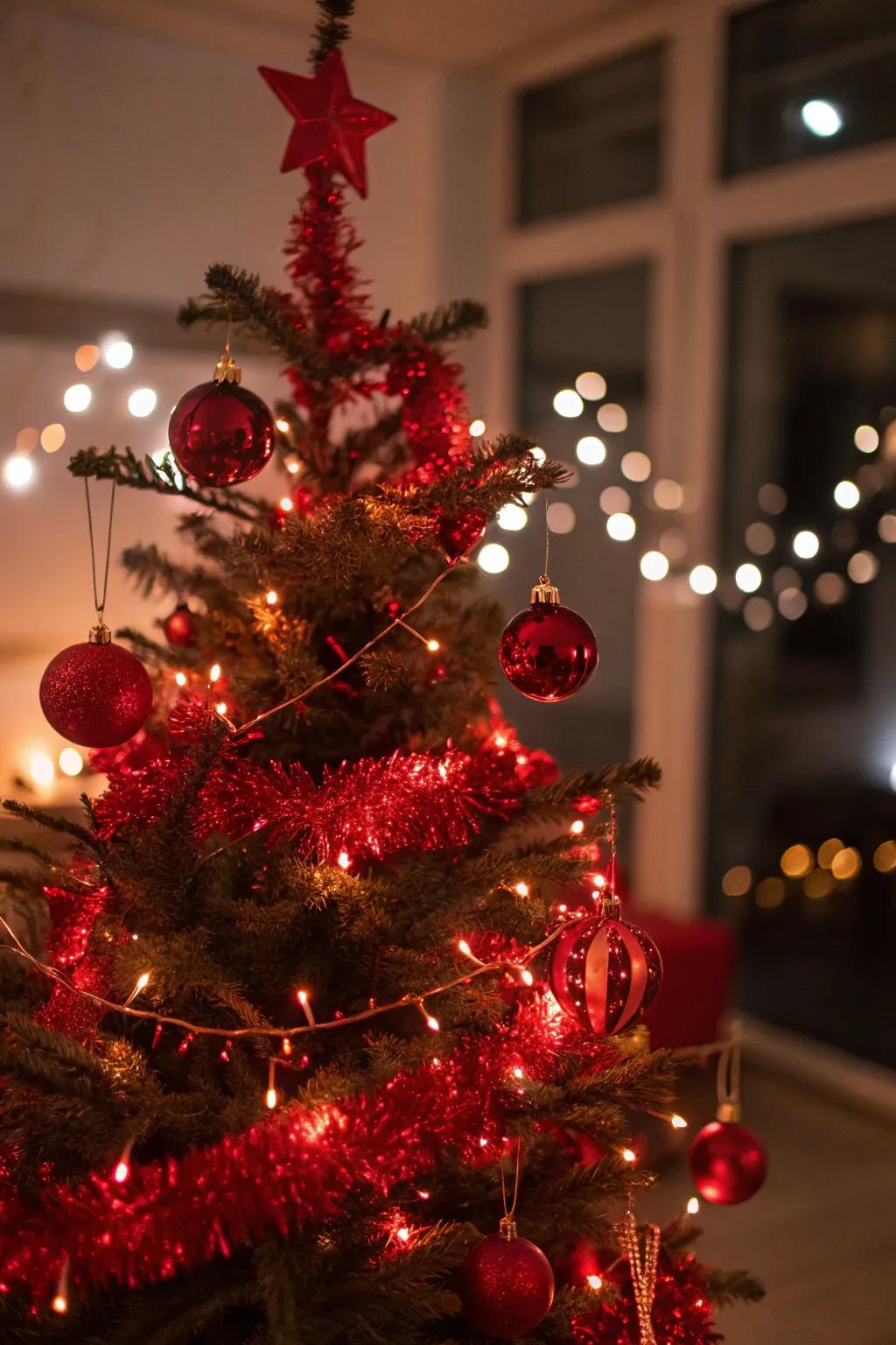 Enchanting Christmas tree with red fairy lights