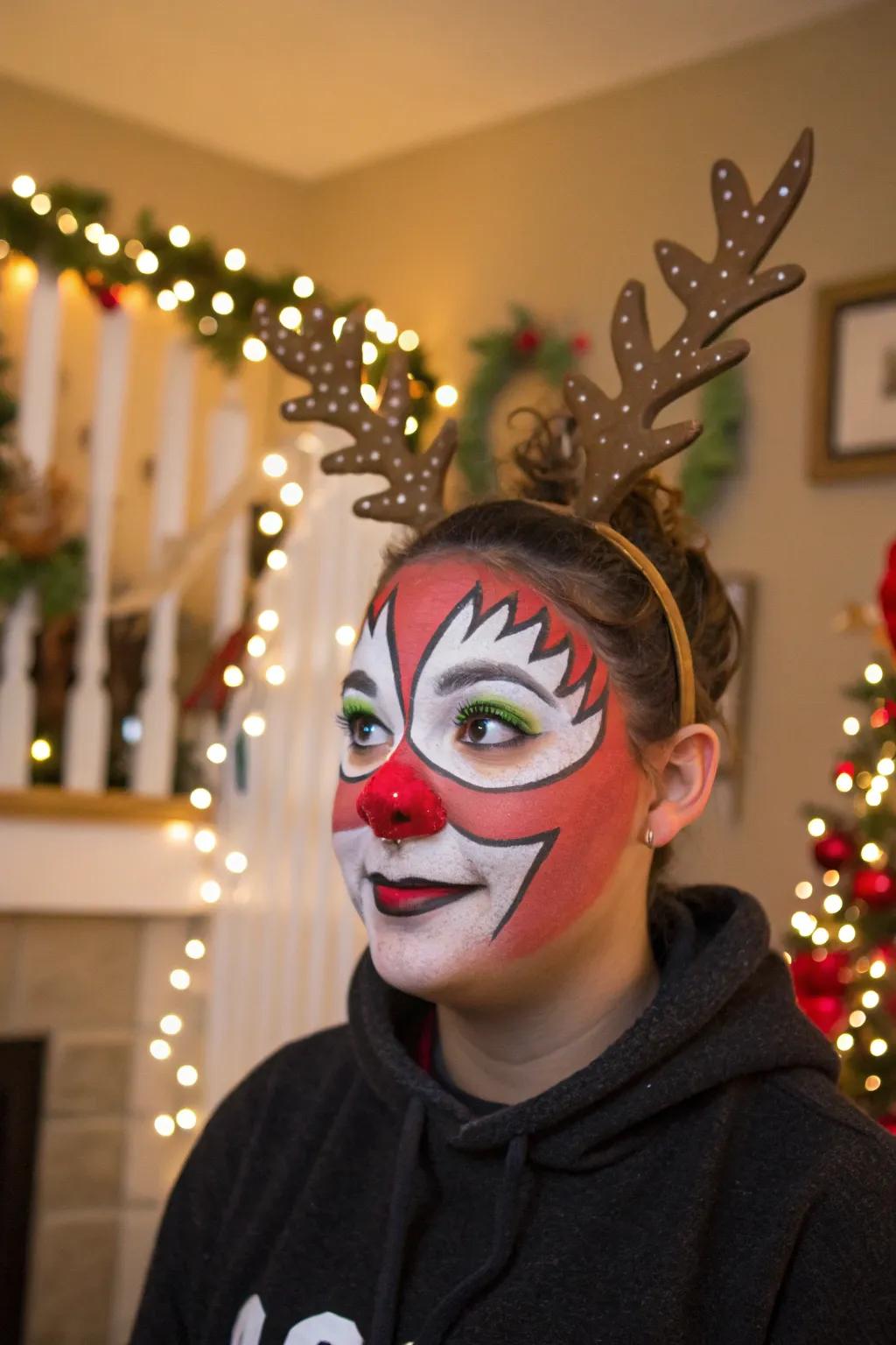 Audacious hues and striking contrasts compose a standout reindeer face artistry.