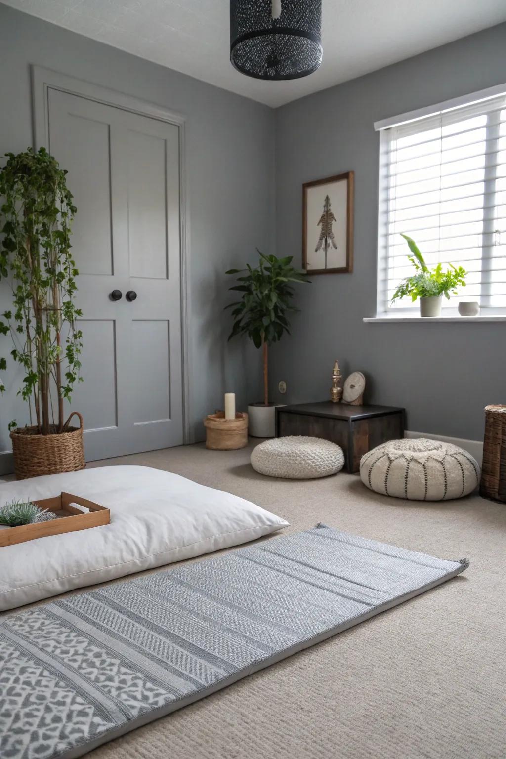 A Zen space in serenity shade nurtures relaxation and mindfulness.