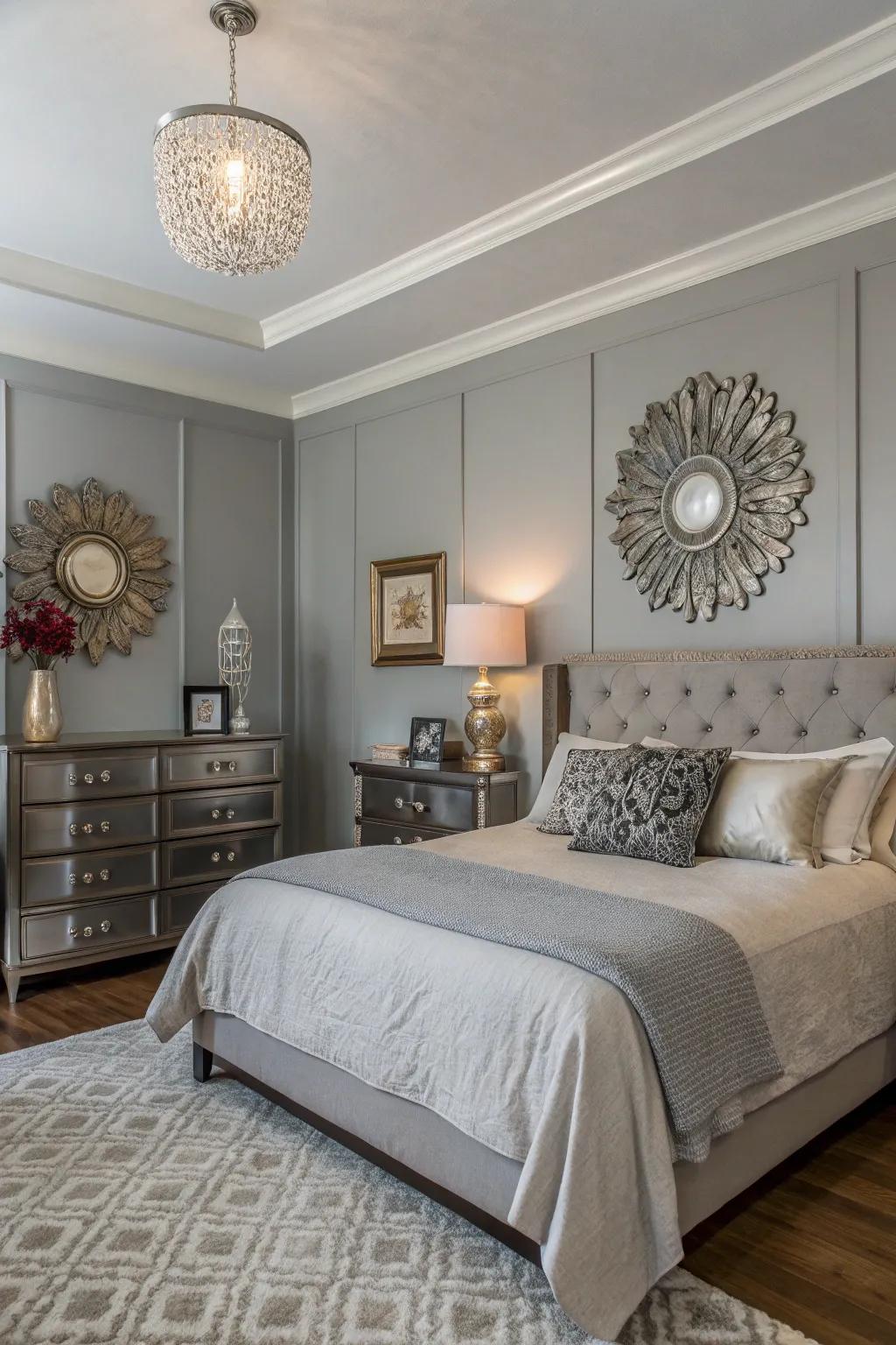 Metallic accessories add vintage glam to a Gentle Gray bedroom.