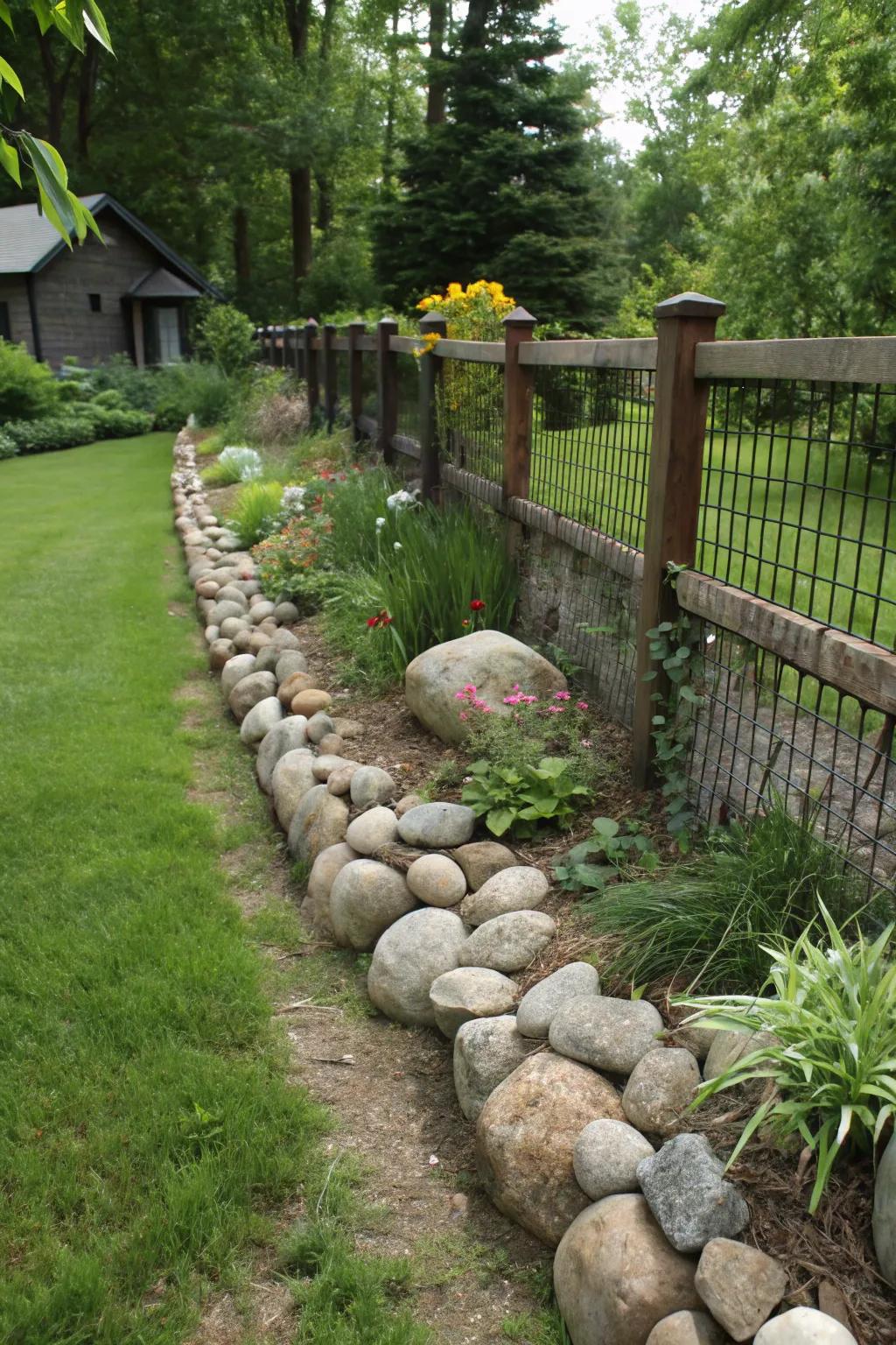 Stream stones soften and elevate this garden's fence line, adding natural beauty.