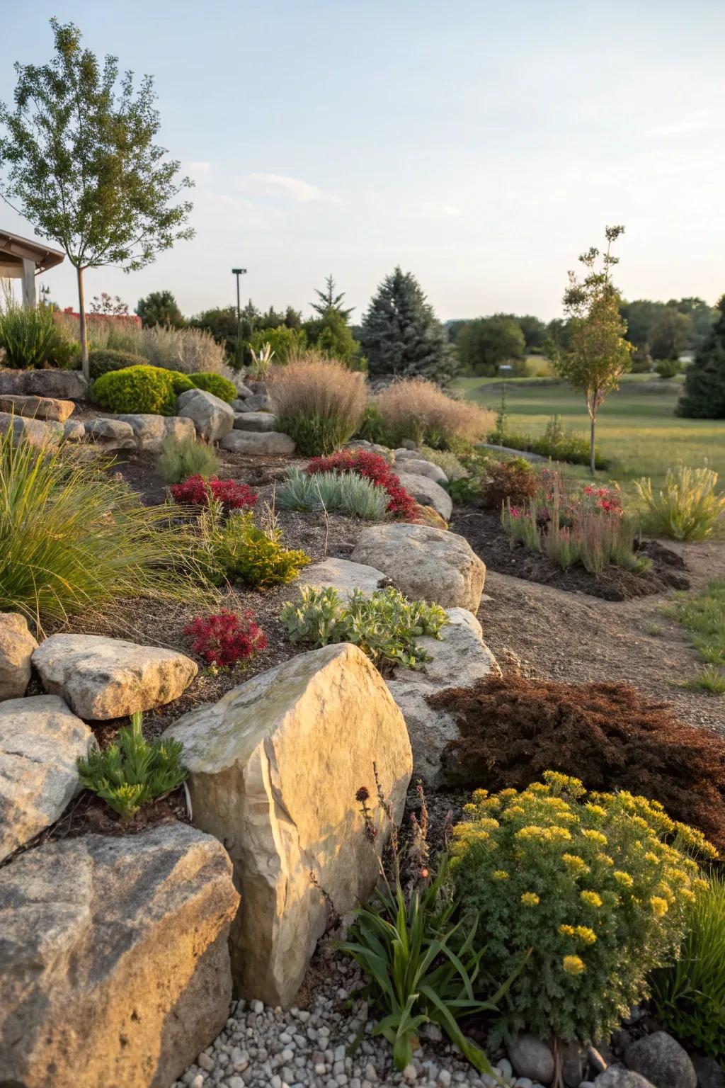 Eco-friendly rock landscaping reducing water usage and maintenance in the garden.