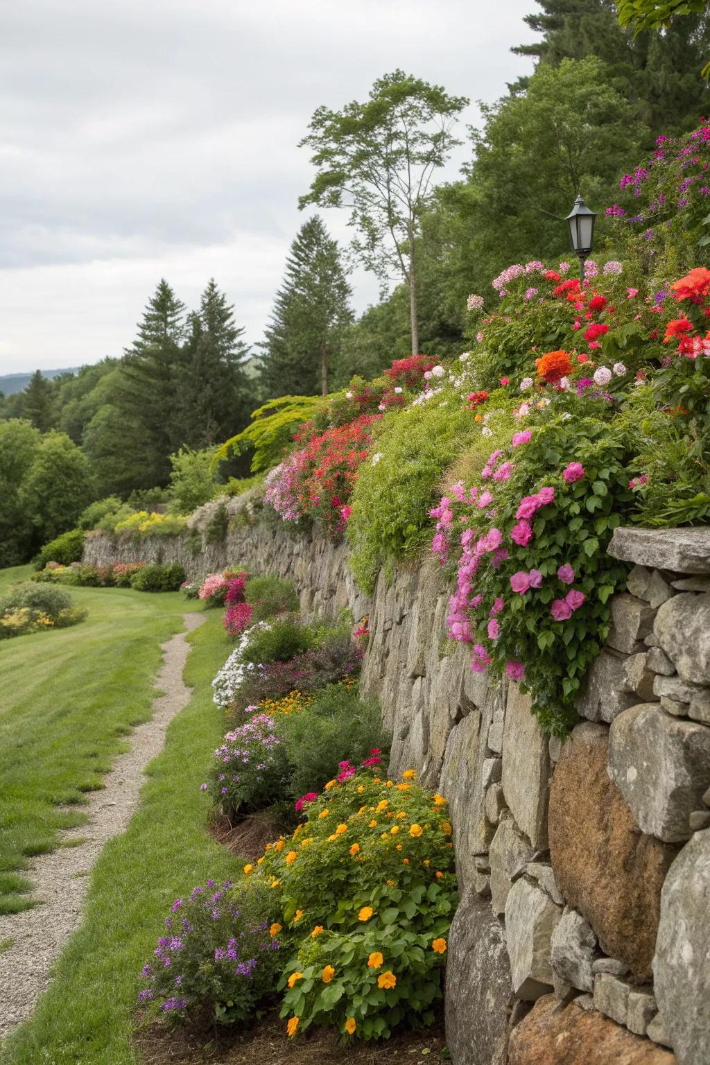 Vibrant flowers contribute vivid embellishments to rock structures.