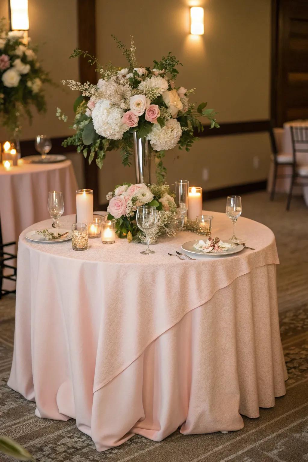 Gentle blush table covering for a heartfelt wedding atmosphere.