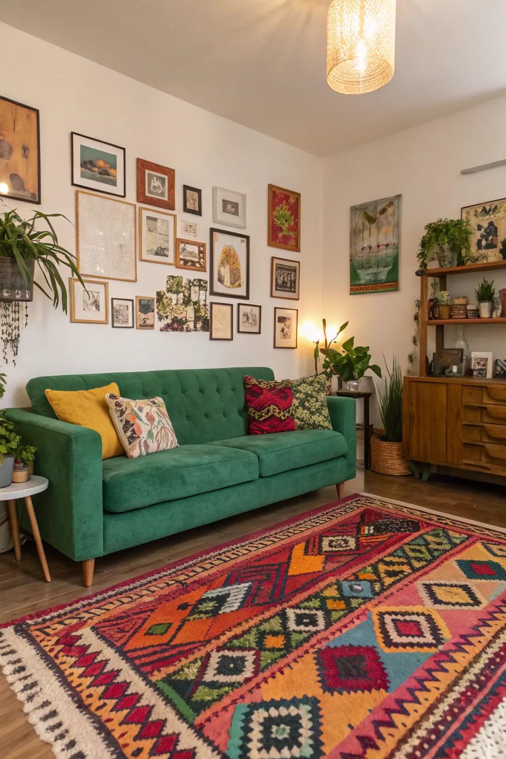 Eclectic colors in carpets emphasize individuality and vibrancy.