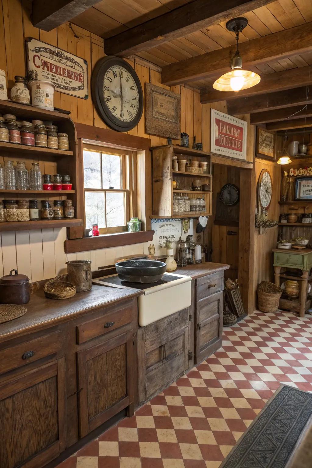 Rustic objects add personal history to the kitchen.