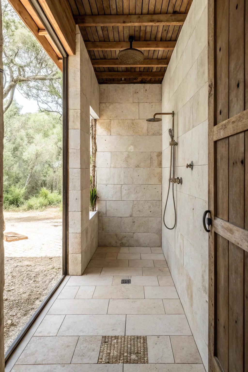A shower with large format tiles that offer a seamless and open appearance.