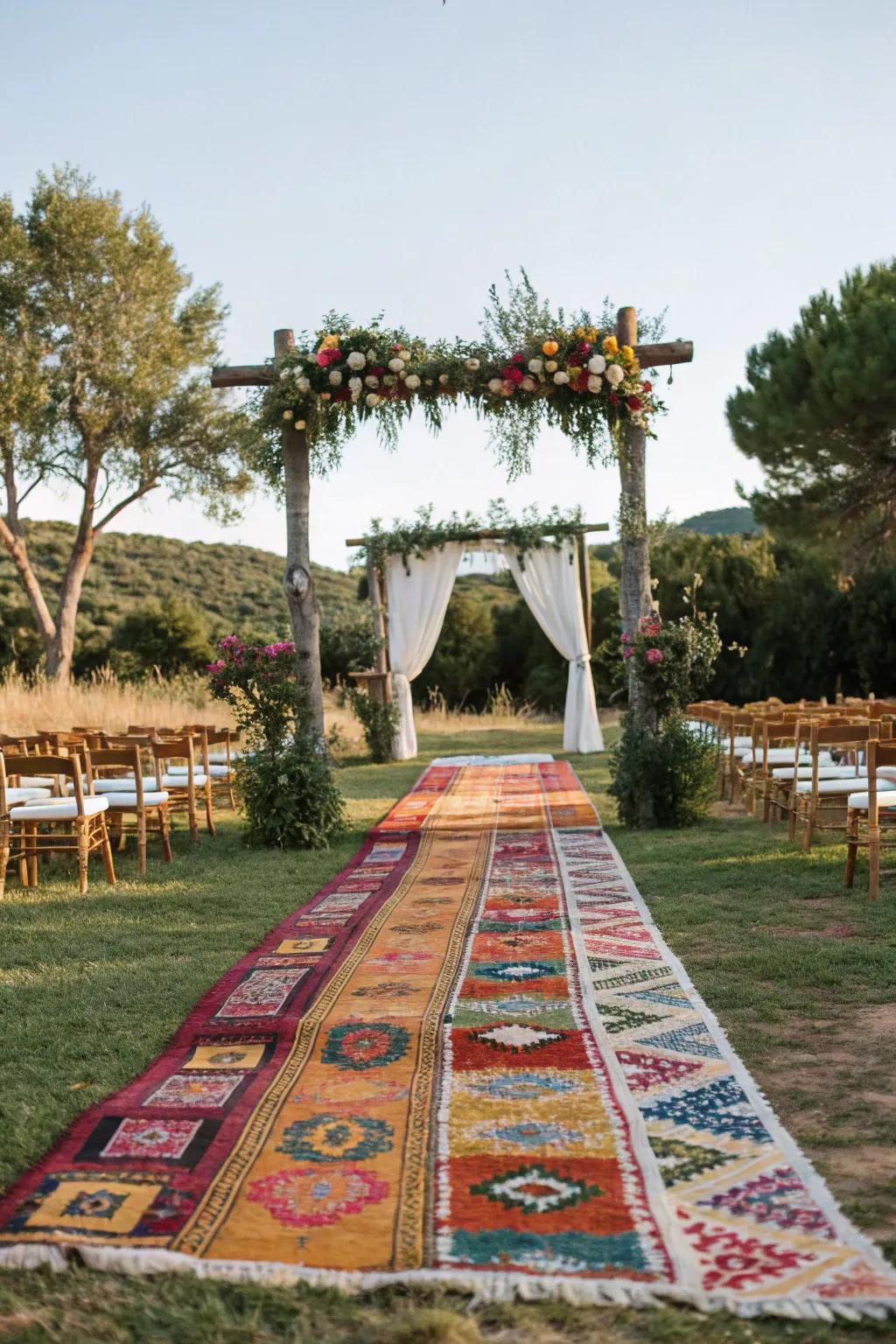 A path of colorful rugs leading to a rustic arch, adding color and texture.