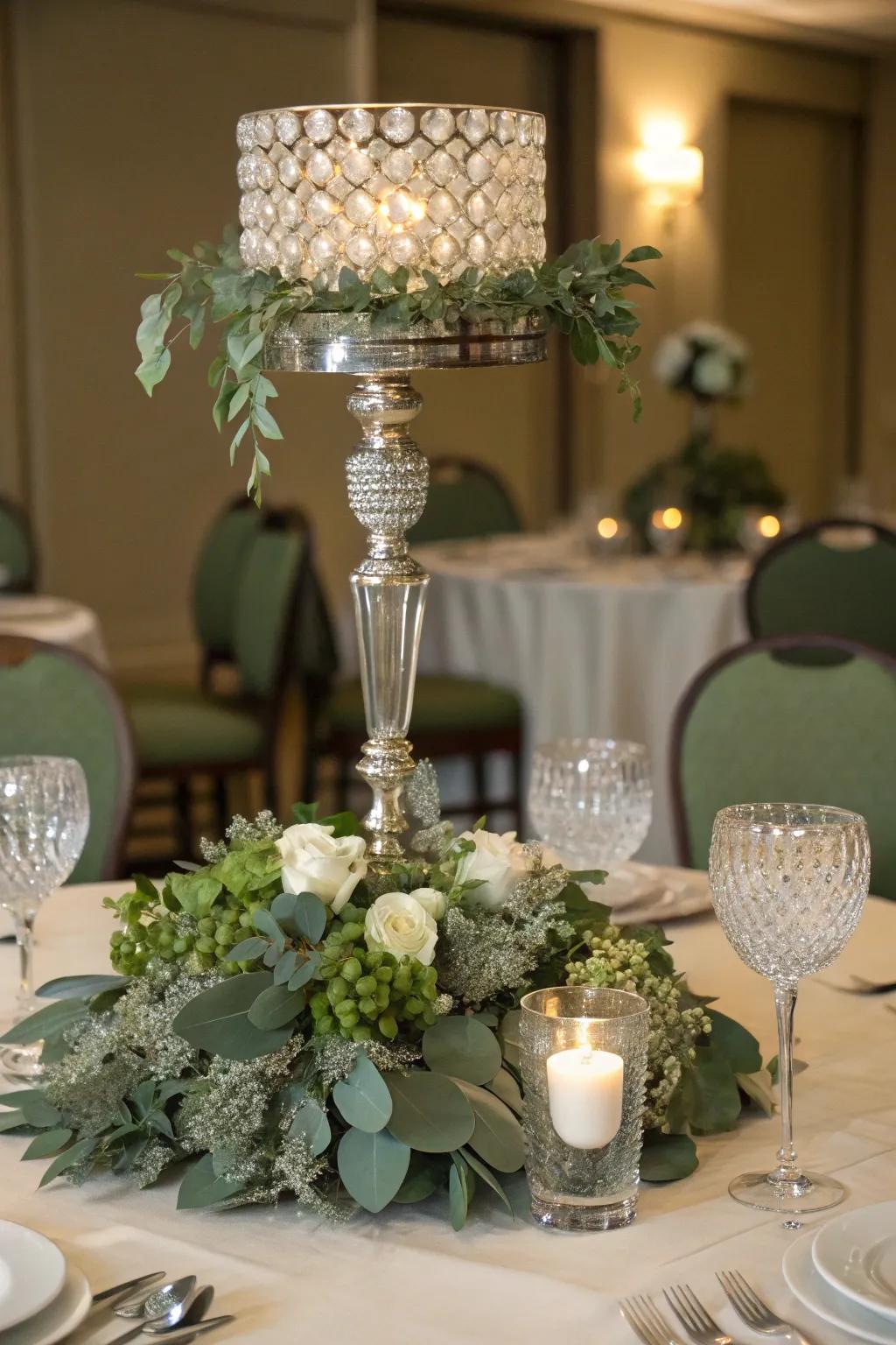 Sage green and crystal combine to make a luxurious, sparkling centerpiece.