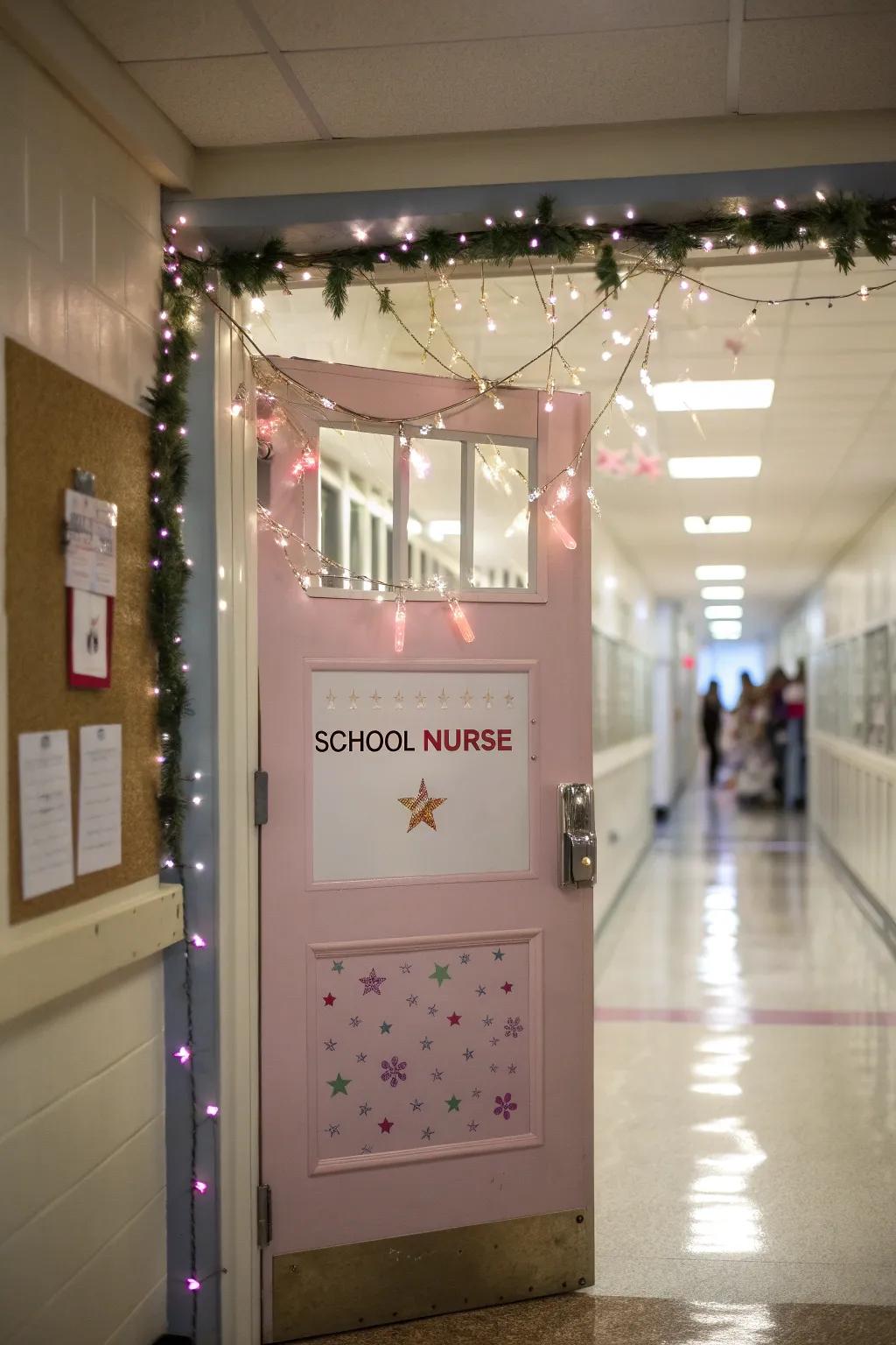 A whimsical school nurse door uses magical pieces that delight.