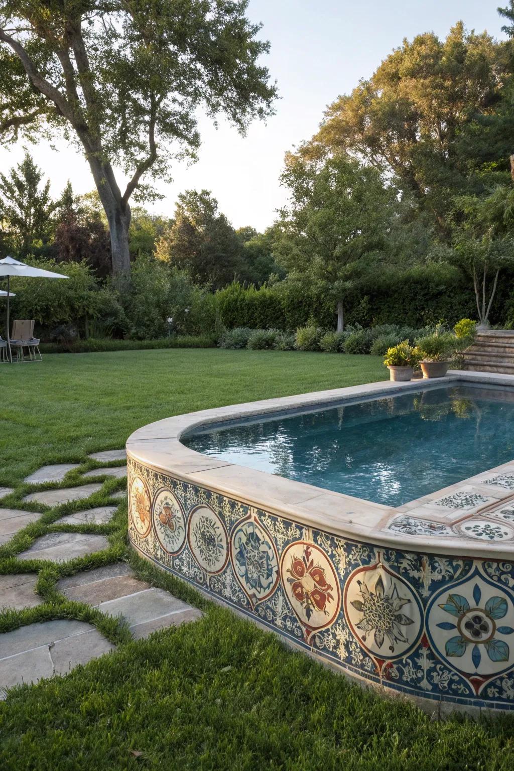 A semi-inground pool adorned with bespoke mosaic tile art.
