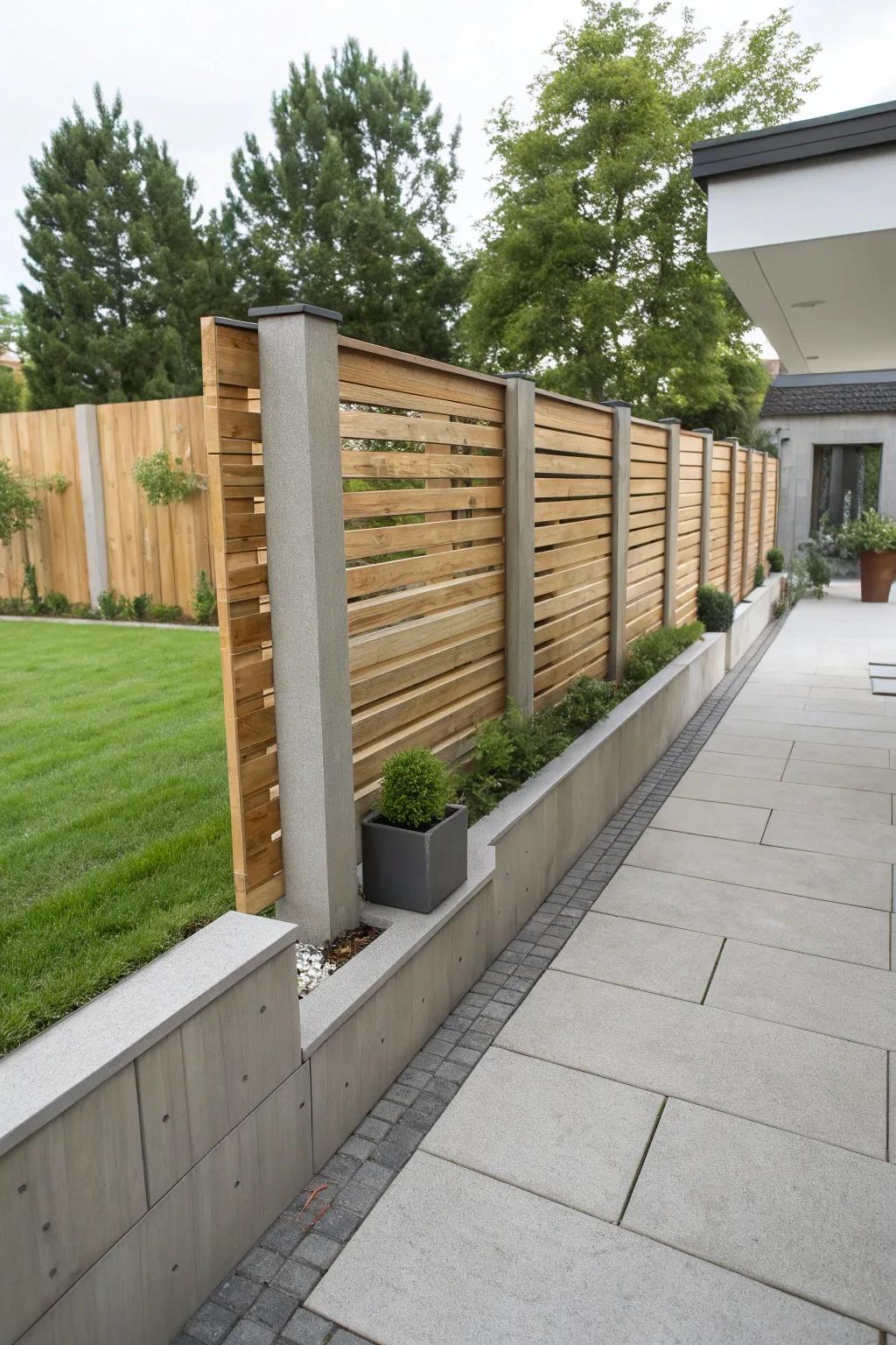 Concrete and timber boards combine for a streamlined, durable fence within this urban garden setting.