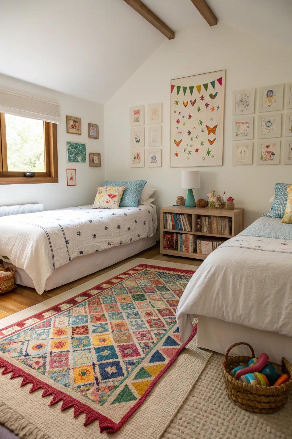 Floor covering adds simplicity to sectioned rooms.