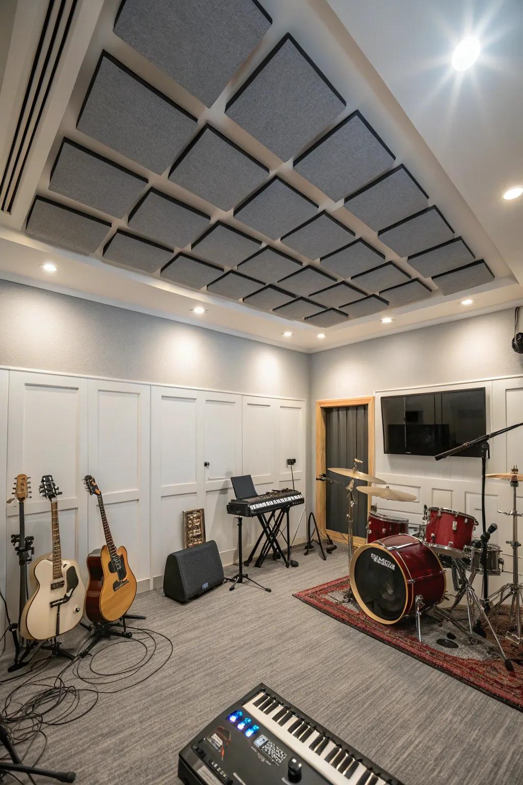 Functional acoustic boards within a stylish music chamber.