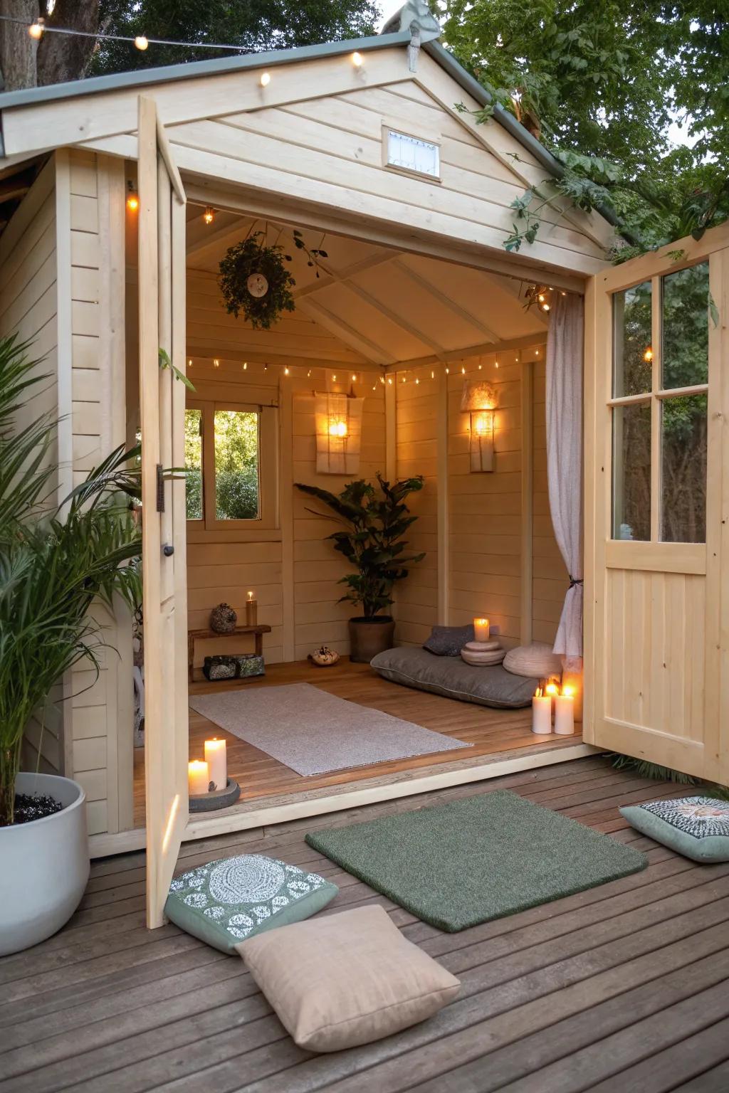 A garden shed converted into a serene meditation spot.