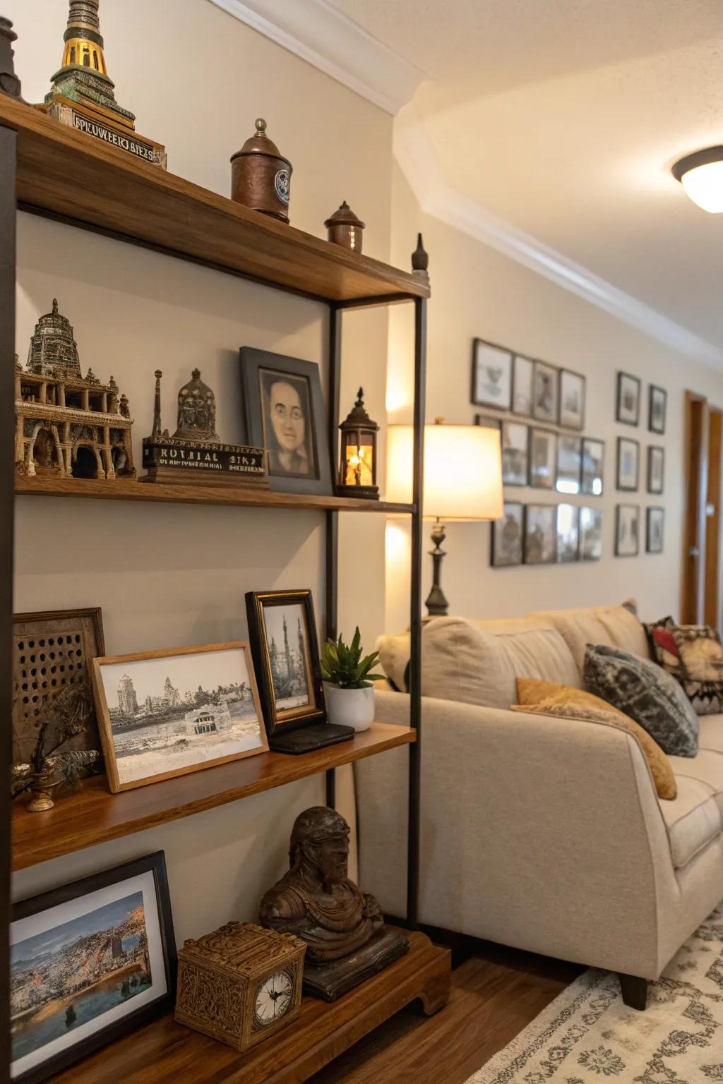 Personal mementos lend a tale to your shelf exhibits.