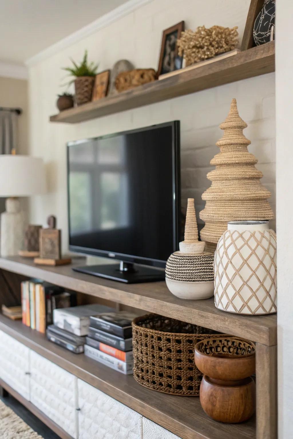 Stratified facets concoct depth and fascination above the TV.