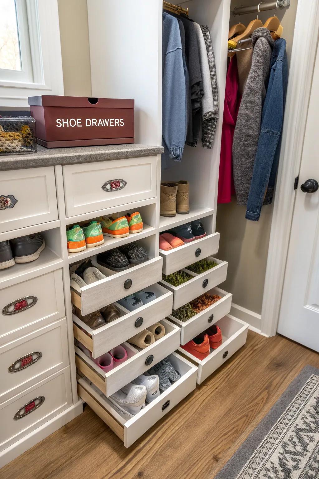 Bespoke footwear shelves provide organized storing answers.