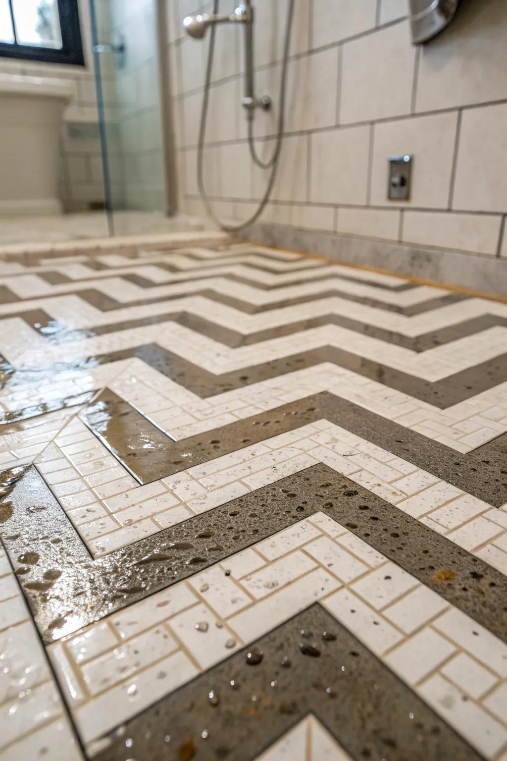 Angled patterns fashion a dynamic and chic shower base.