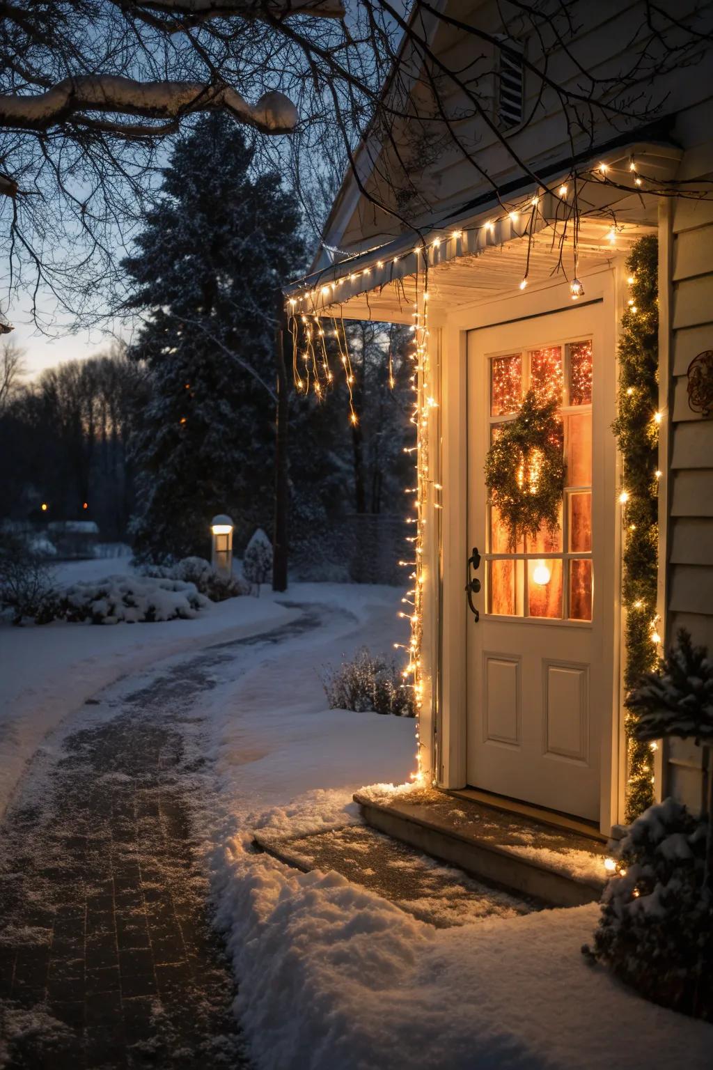 Dripping lights craft a breathtaking, wintry entryway.