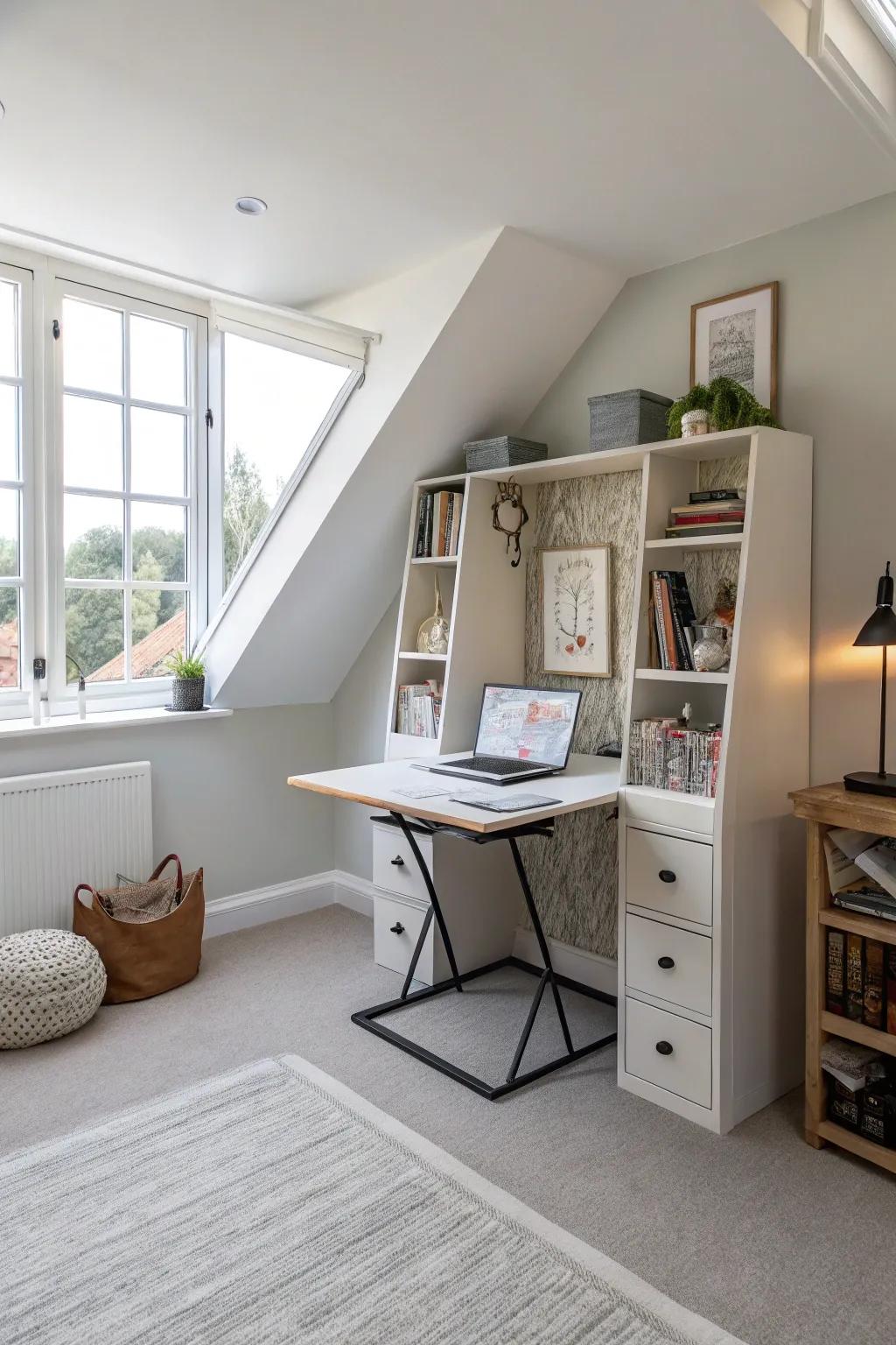 Adjustable furnishings fit your needs in sloped rooms.