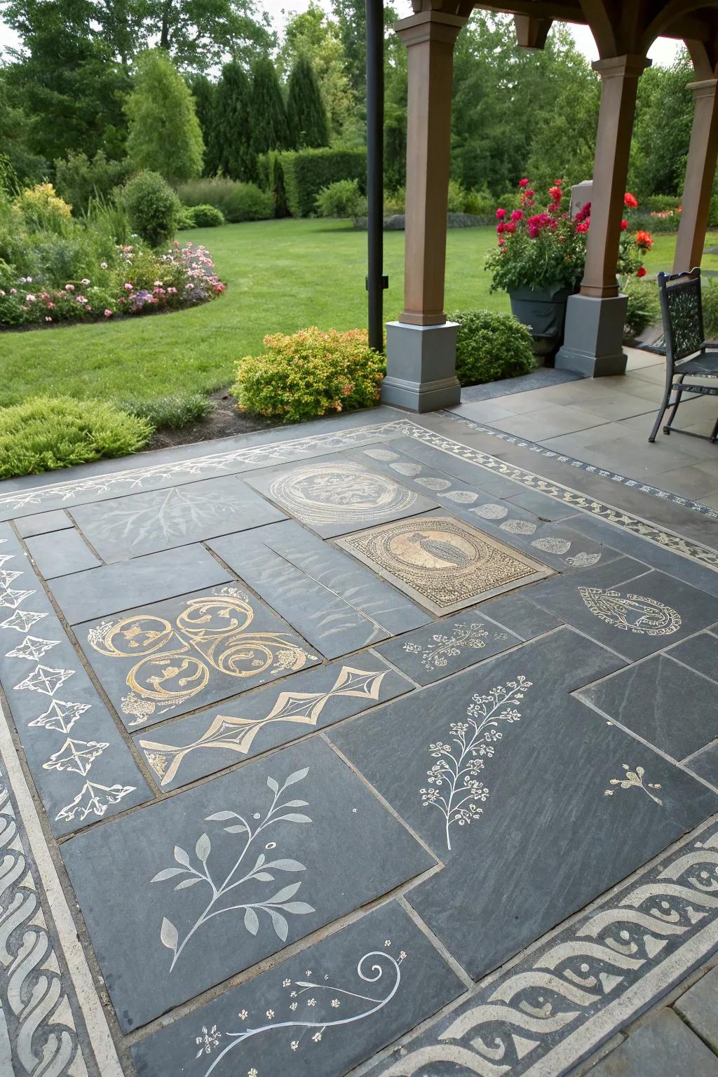 A uniquely personalized slate patio with custom designs.