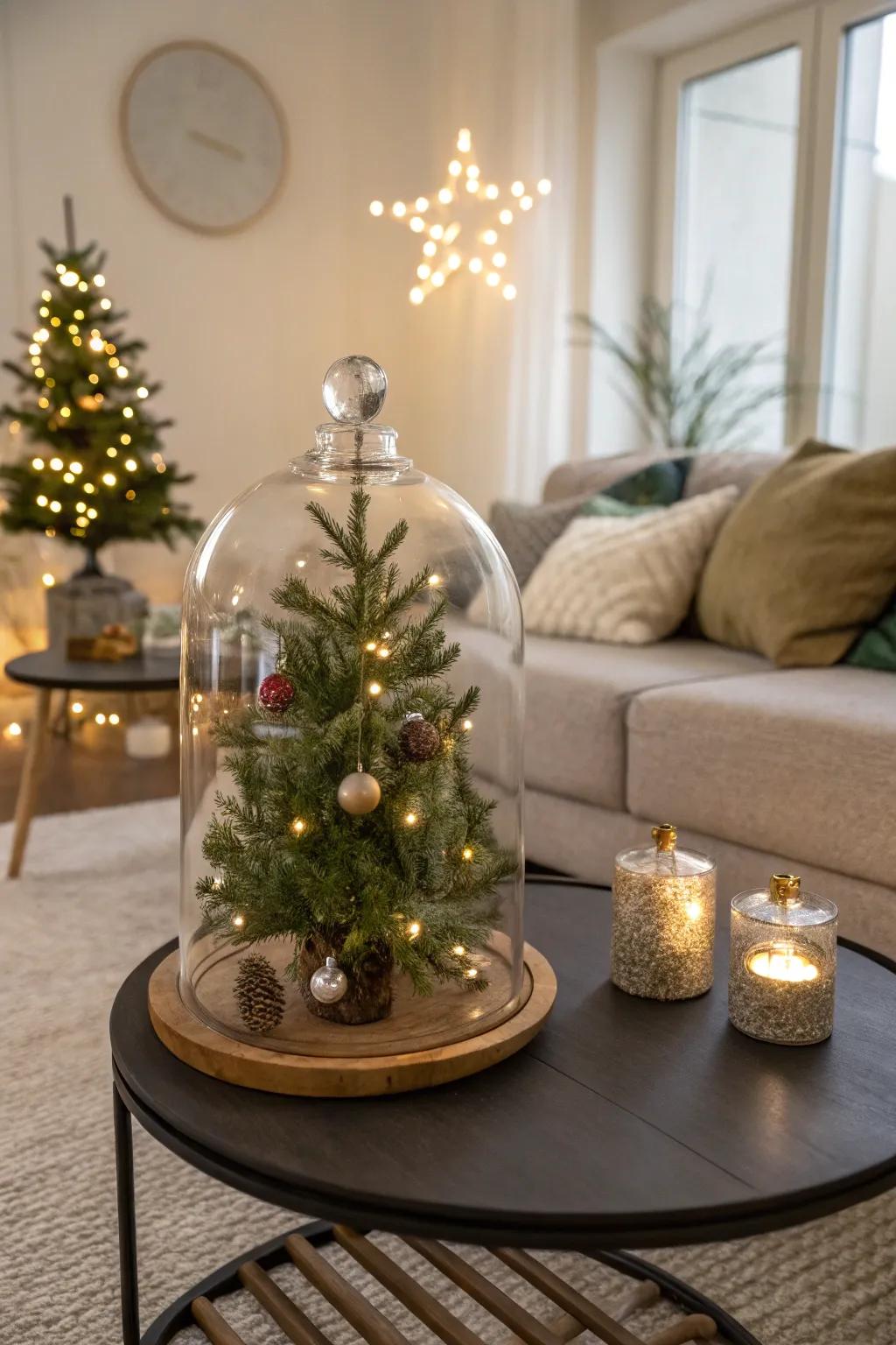 A glass dome encompasses a petite evergreen, conjuring a whimsical winter wonderland.