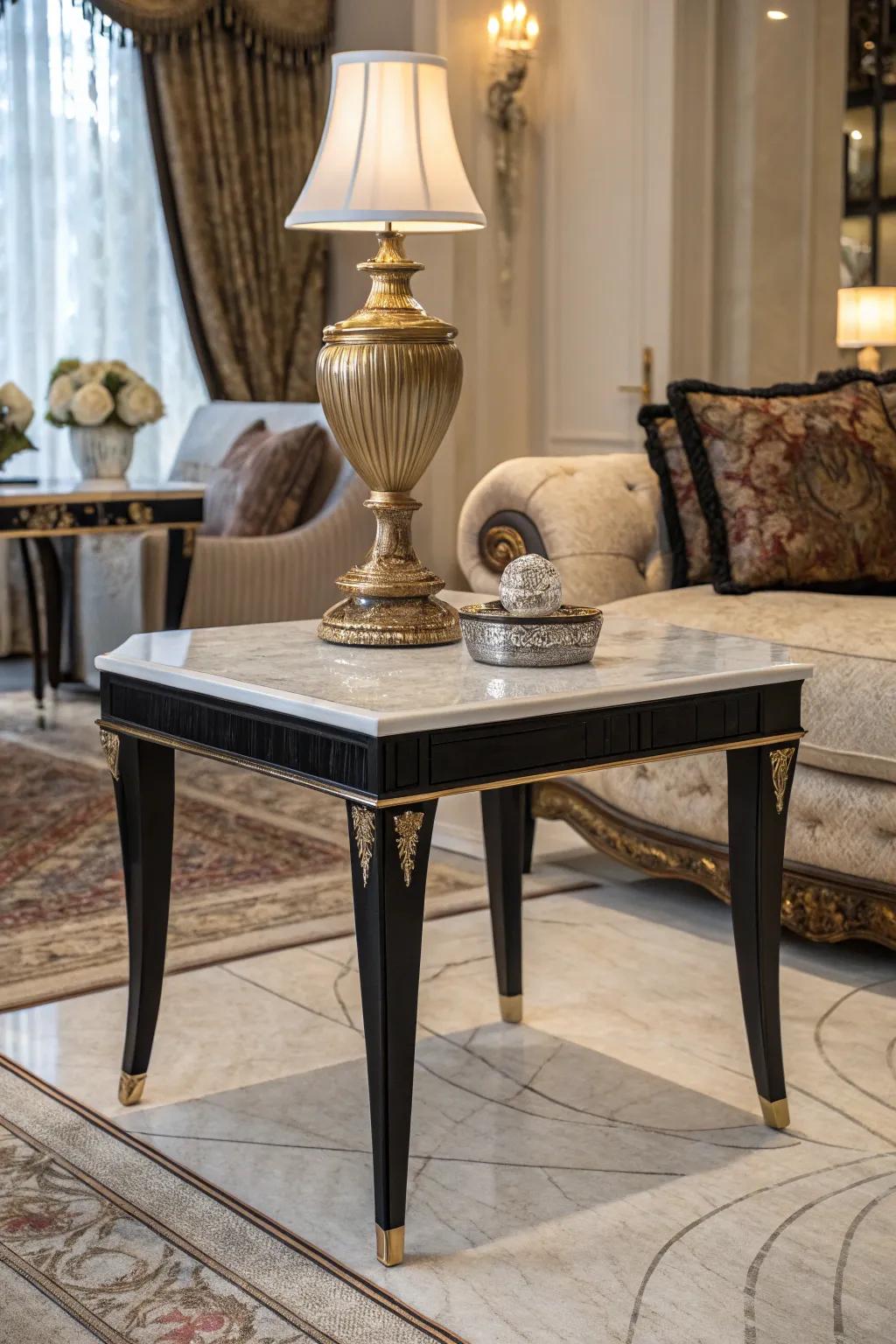 A marble end table adds timeless elegance to a luxurious room.