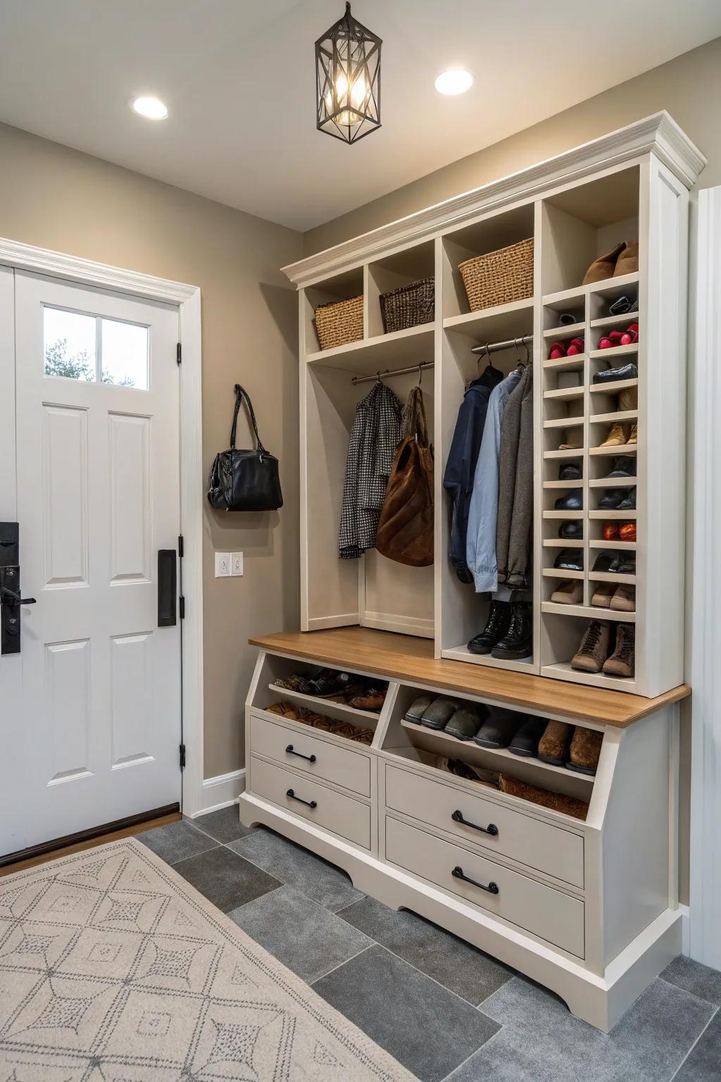 Adaptable furniture adapts for multifunctional footwear storage.
