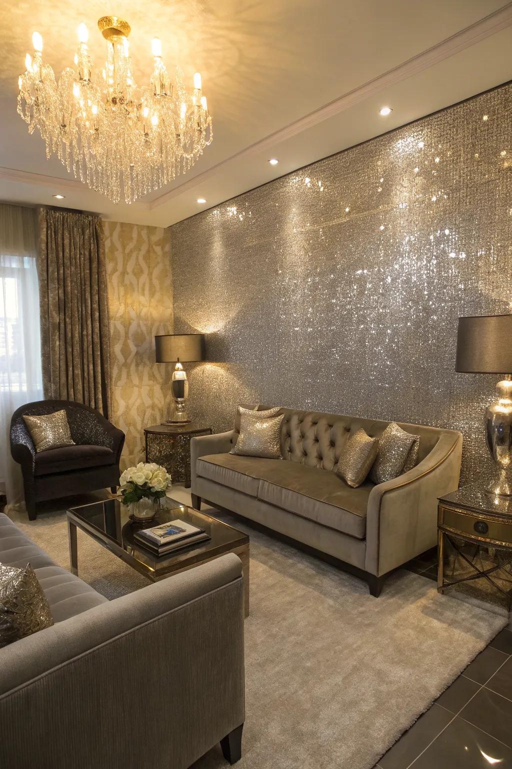 A compact living space showcasing metallic accents for sparkle.