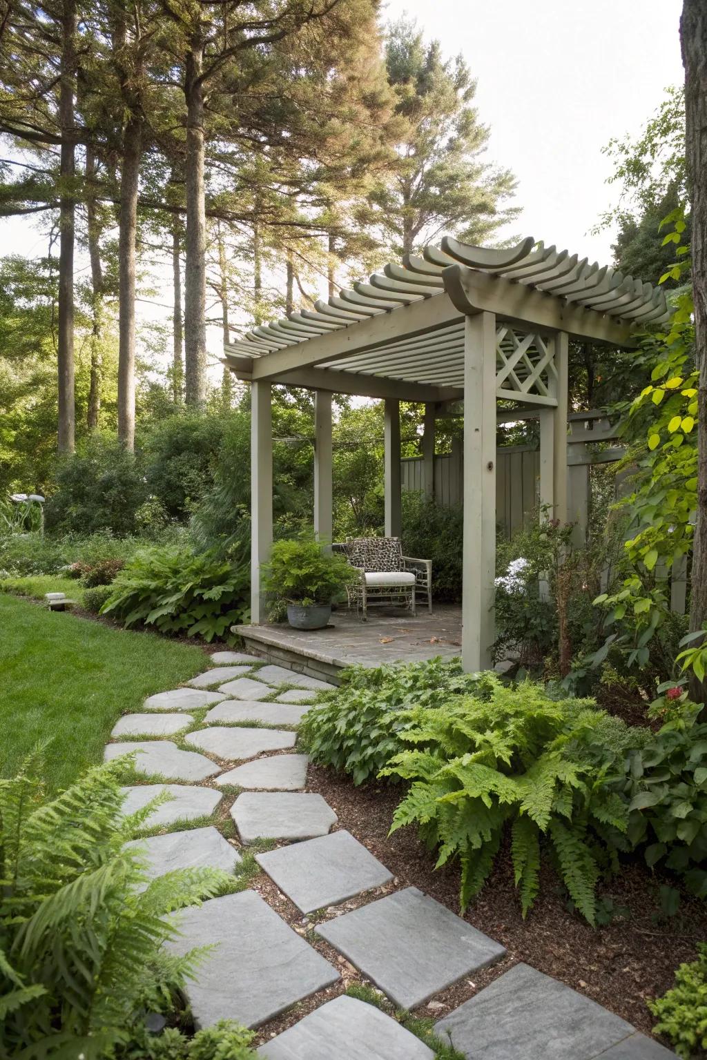 A stone path elevates the approach to a small canopy.