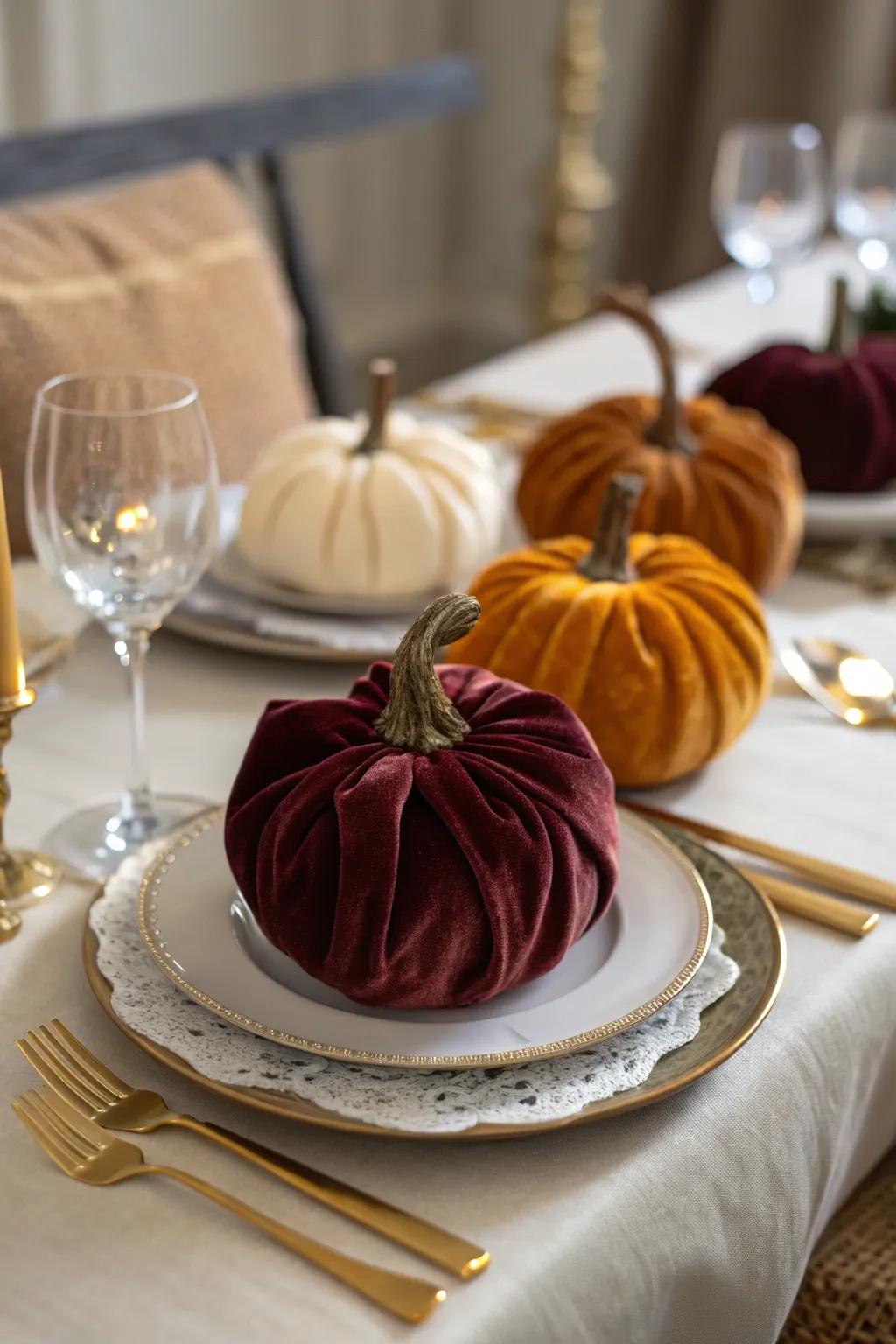 Velvet-covered pumpkins emanates sophistication and elegance.