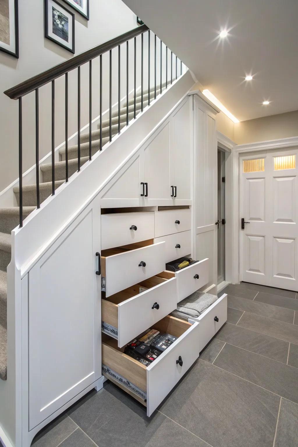 Creative storage ideas under the stairs, offering plenty of area.