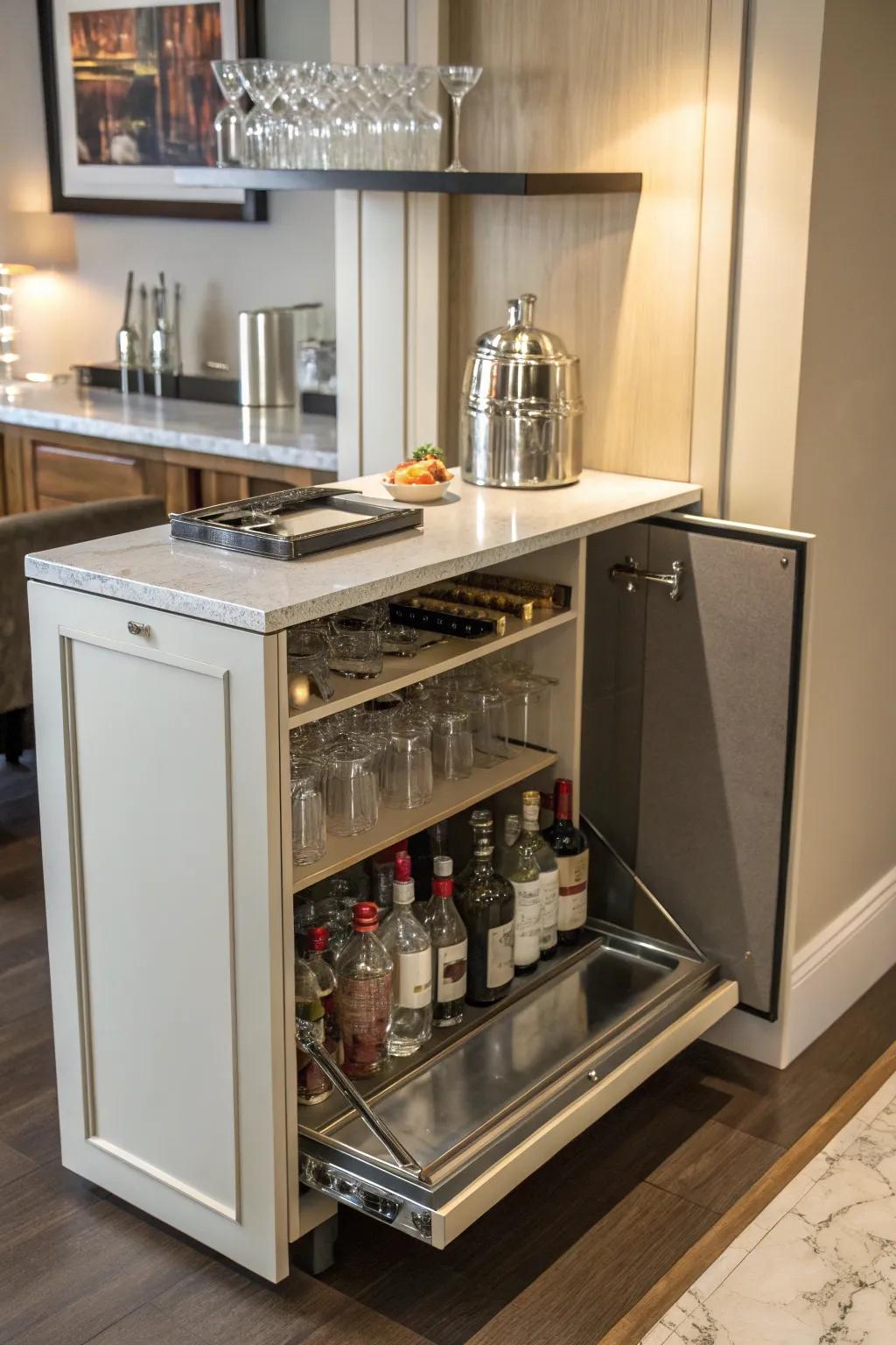 A collapsible drop-down worktop maximizing area within a small wet bar.