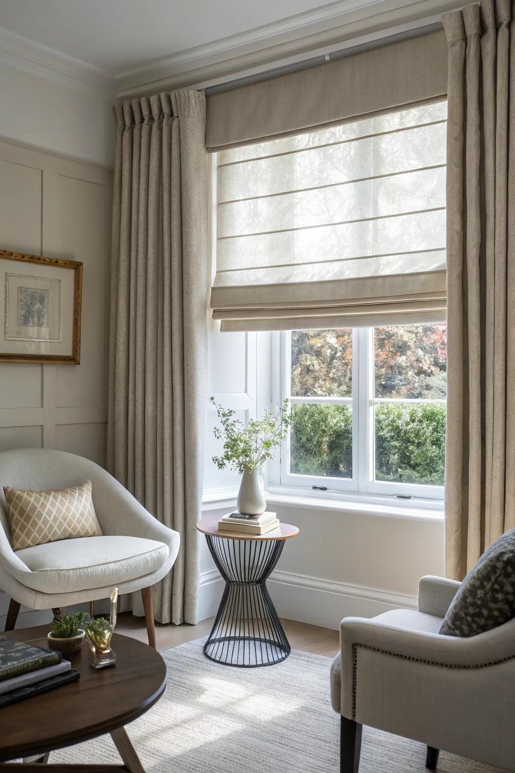 Roman shades offer a sleek, tailored look for small windows.