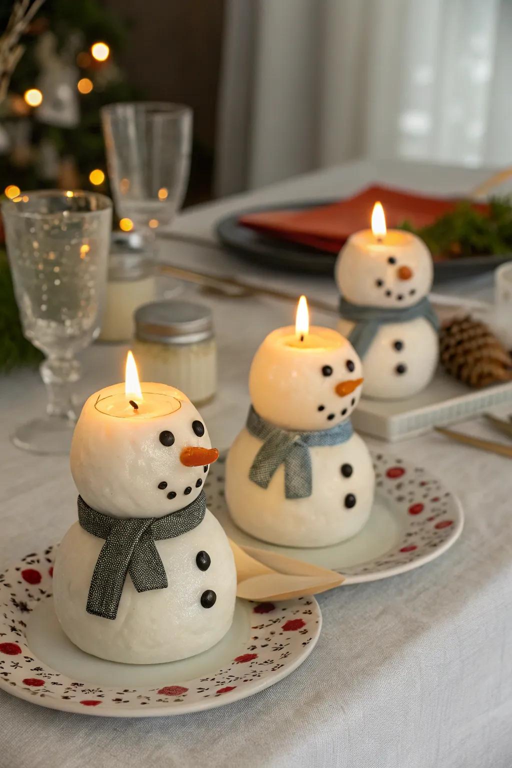 Snowman luminary holders create a snug ambiance.