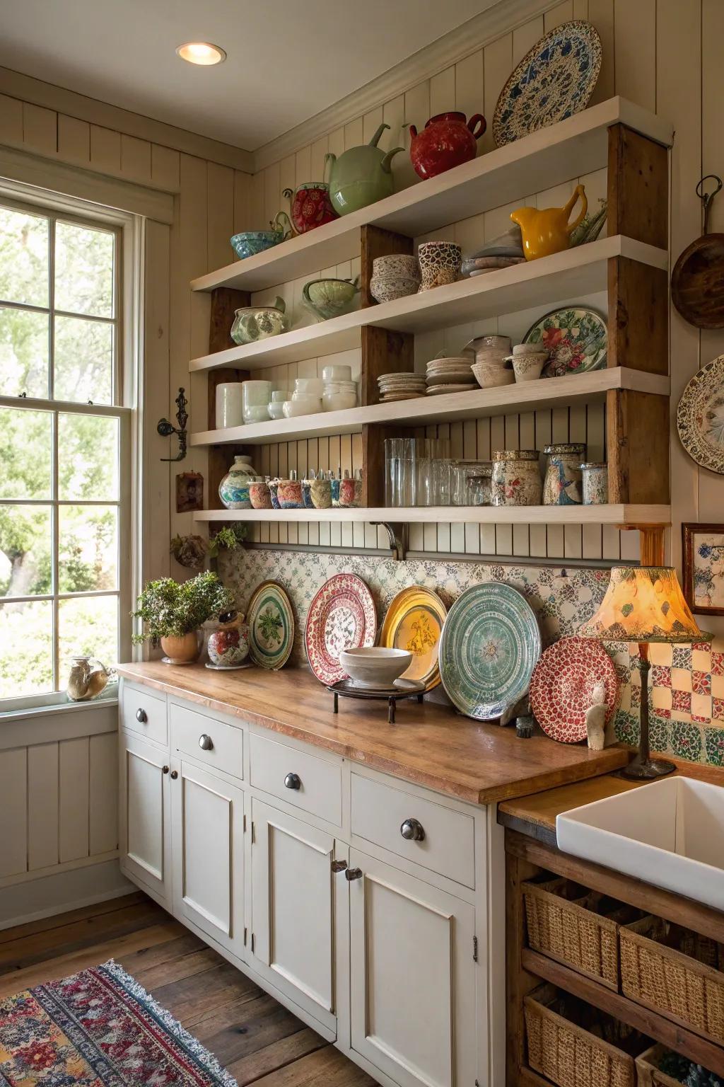 Open shelving that showcases collectible items in a Southern culinary space.
