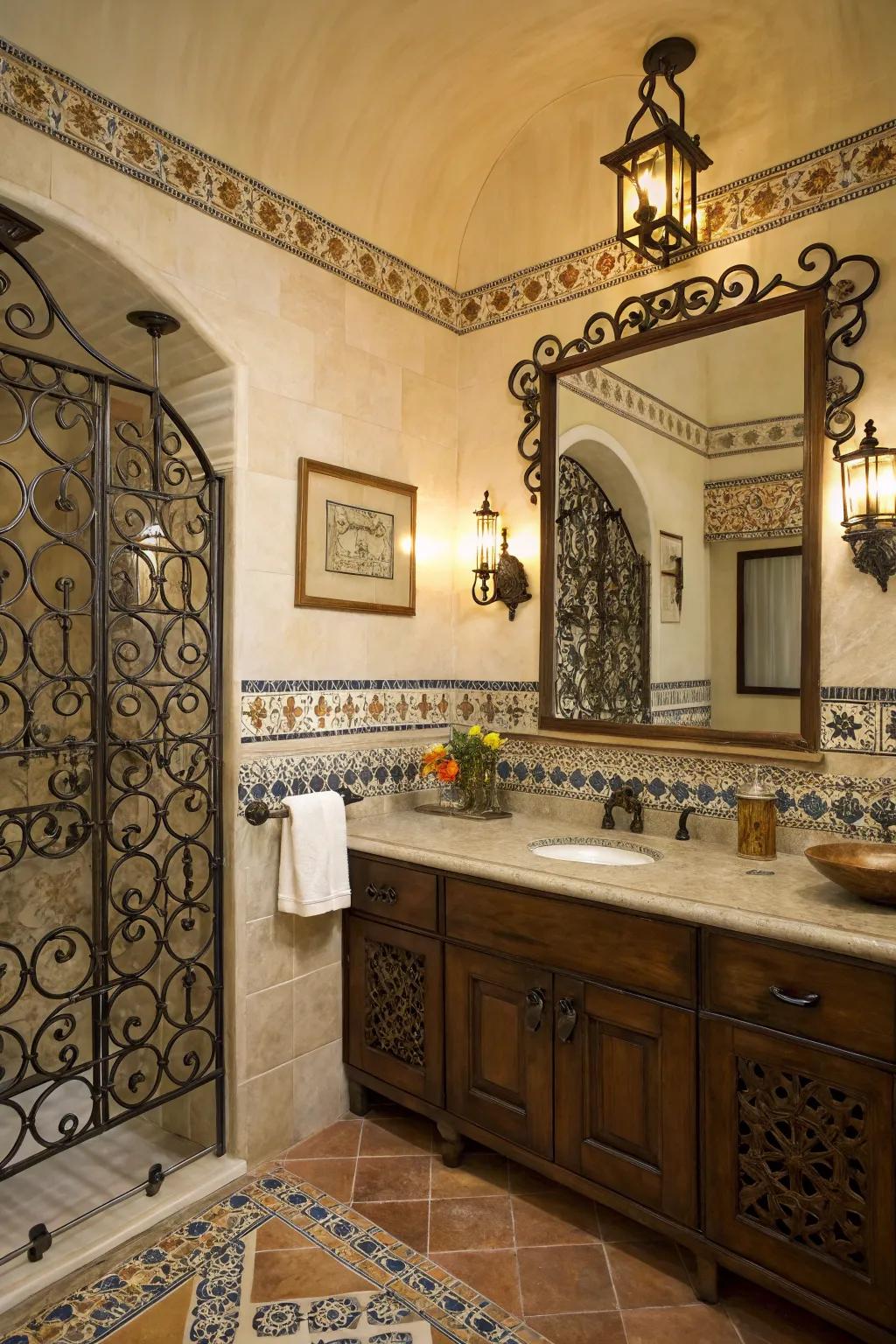 Ironwork accents provide intricate and elegant details.
