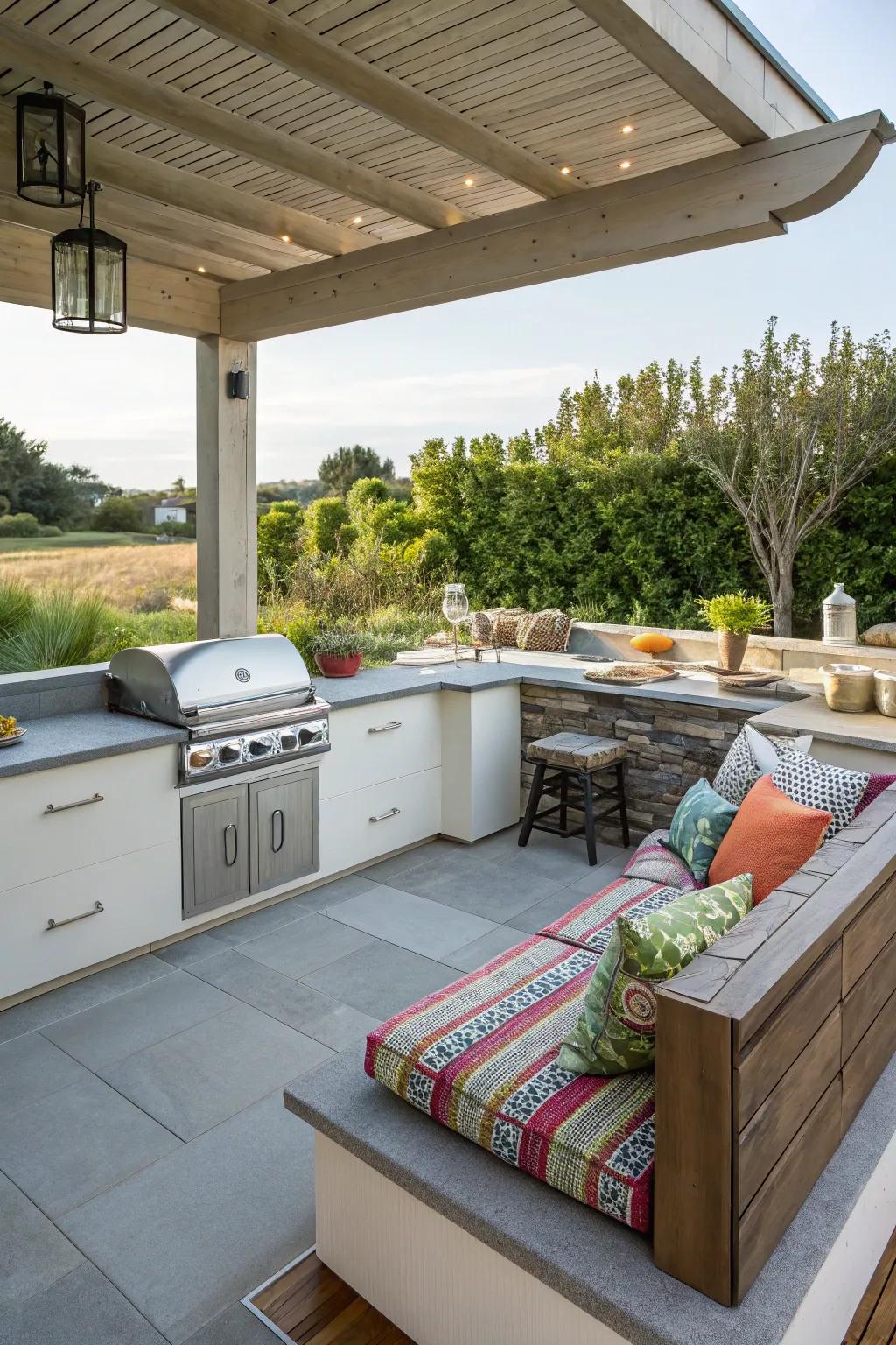 A cozy built-in seating alcove provides a perfect spot for relaxation and conversation.