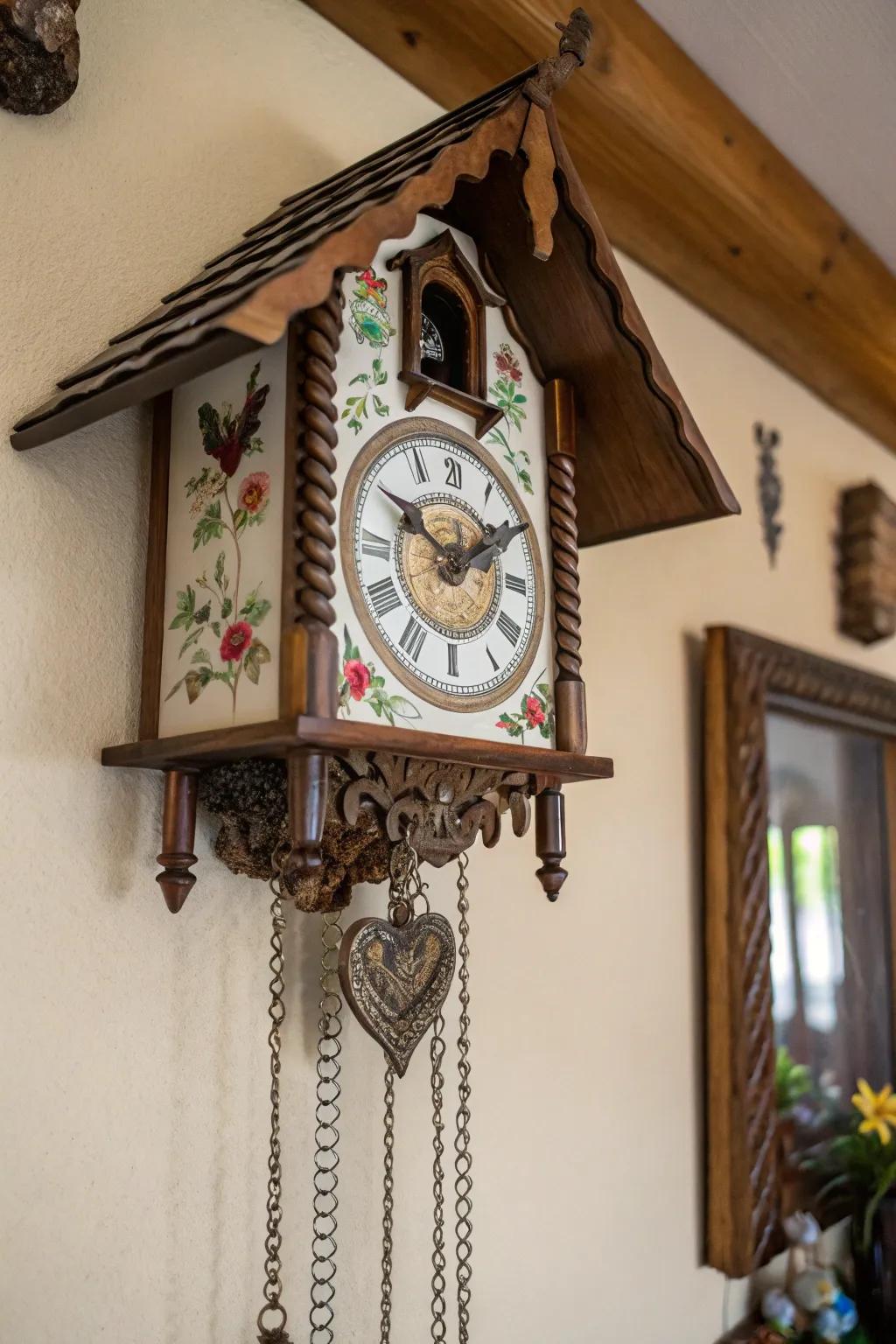 Whimsical timepieces add a playful touch to steampunk decoration.