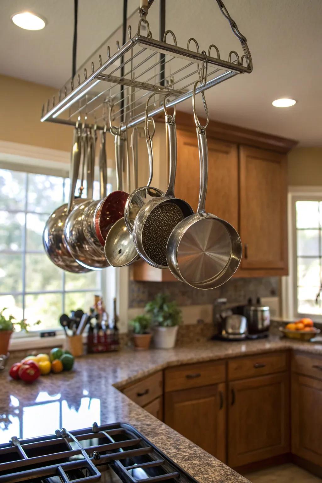 Incorporate rustic charm and functionality with a suspended cookware rack.
