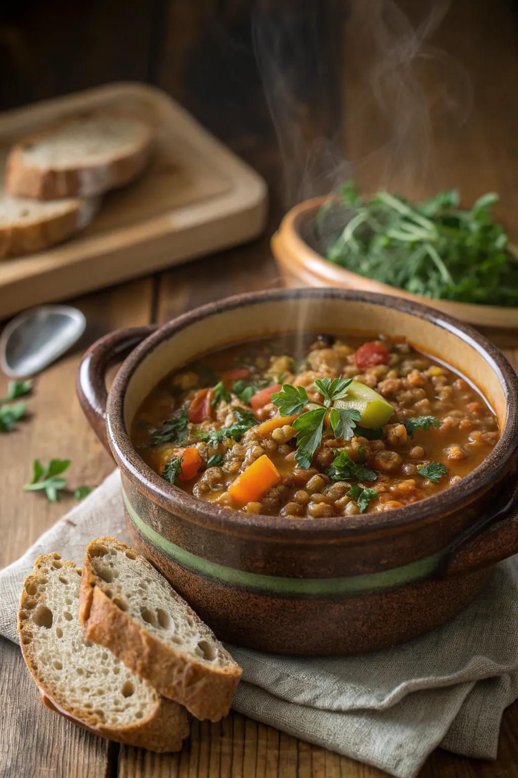 Grain and veggie broth, comforting and hearty.