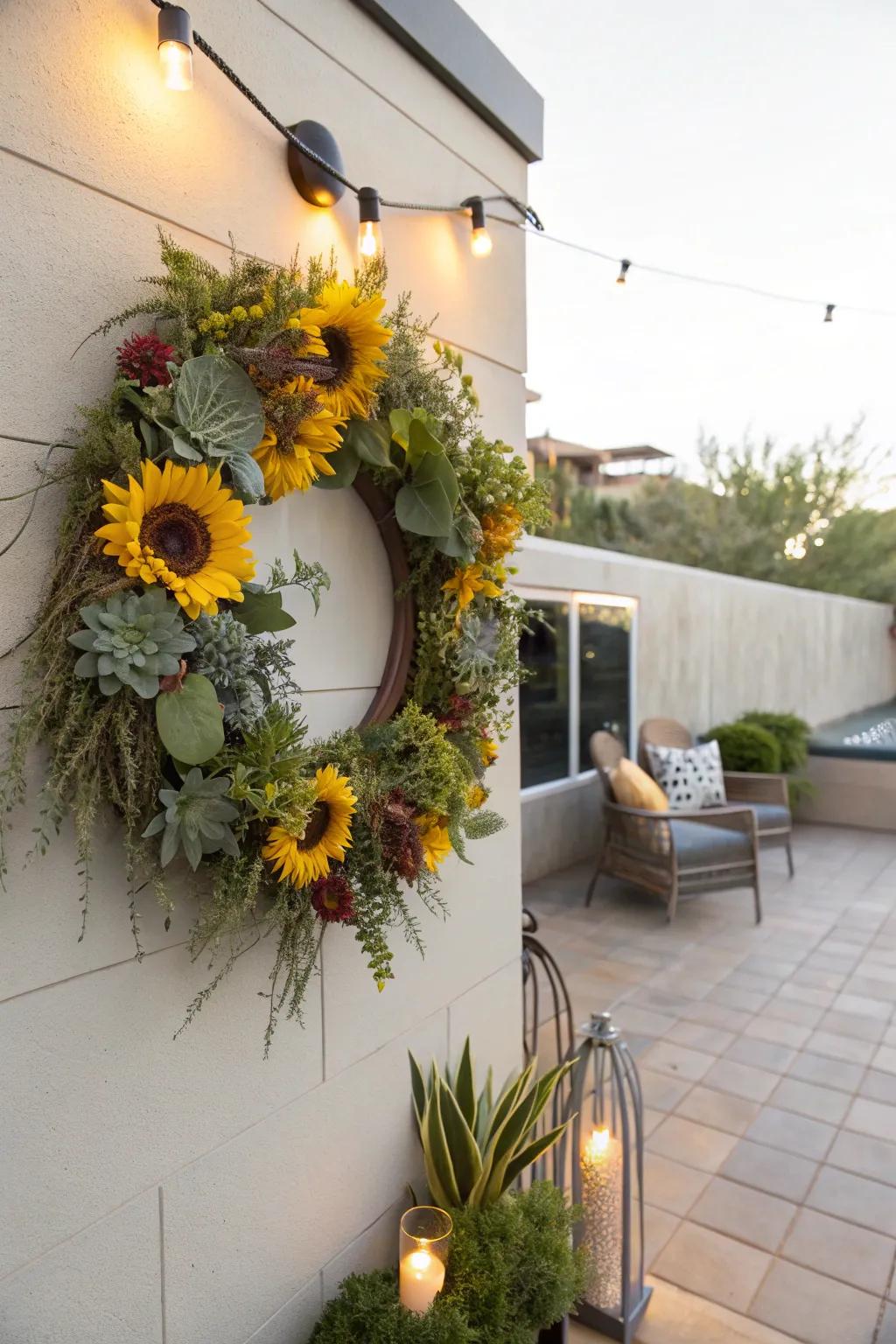 Where modern aesthetics meet natural charm, a sunflower and succulent wreath commands attention.